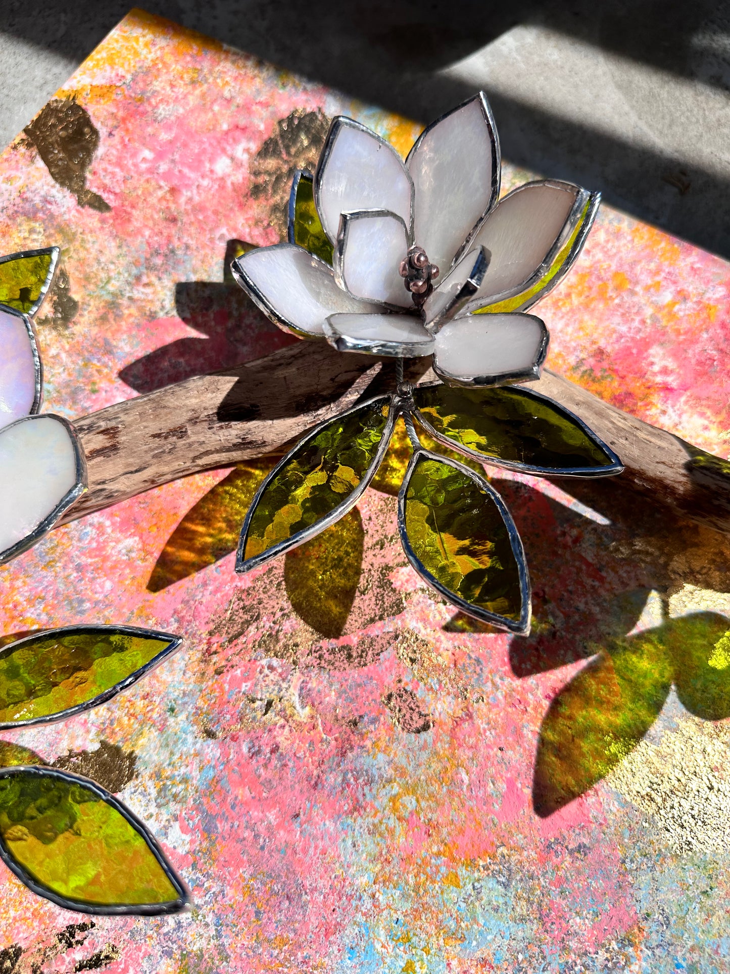 ". Acrylic painting ‘Spring Magnolia’ with stained glass 3D flowers, Wall decor, Wedding, Christmas gift, available