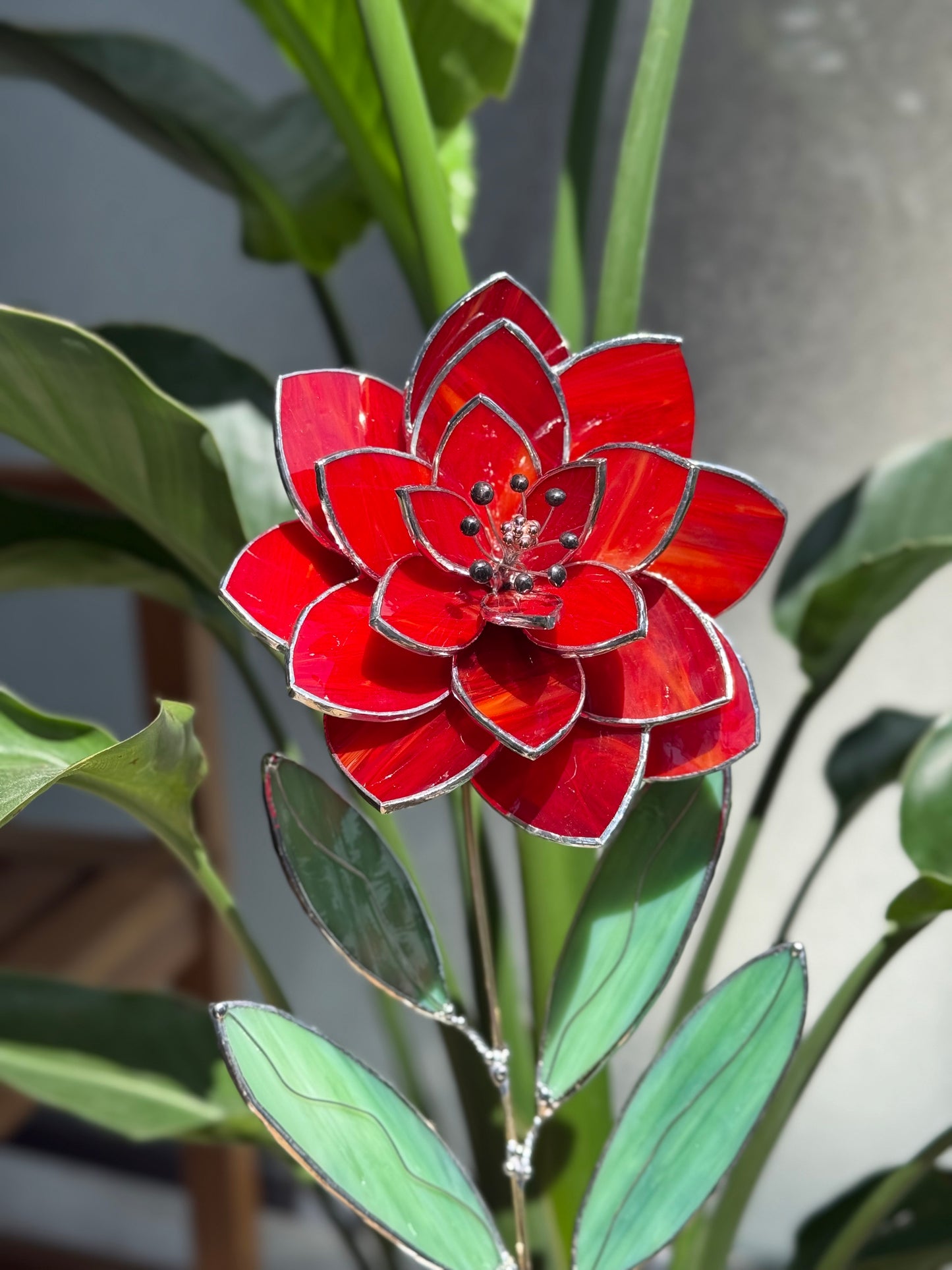 .Amber Red Peony Stained glass flower 3D Botanical Table Plant Decor new