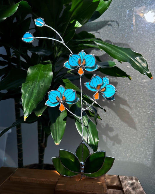 ".Orchid Tiffani Turquoise", Stained glass tropical flower 3D, Sun catcher, Table plant decor, Garden stake, wedding decor, Christmas gift