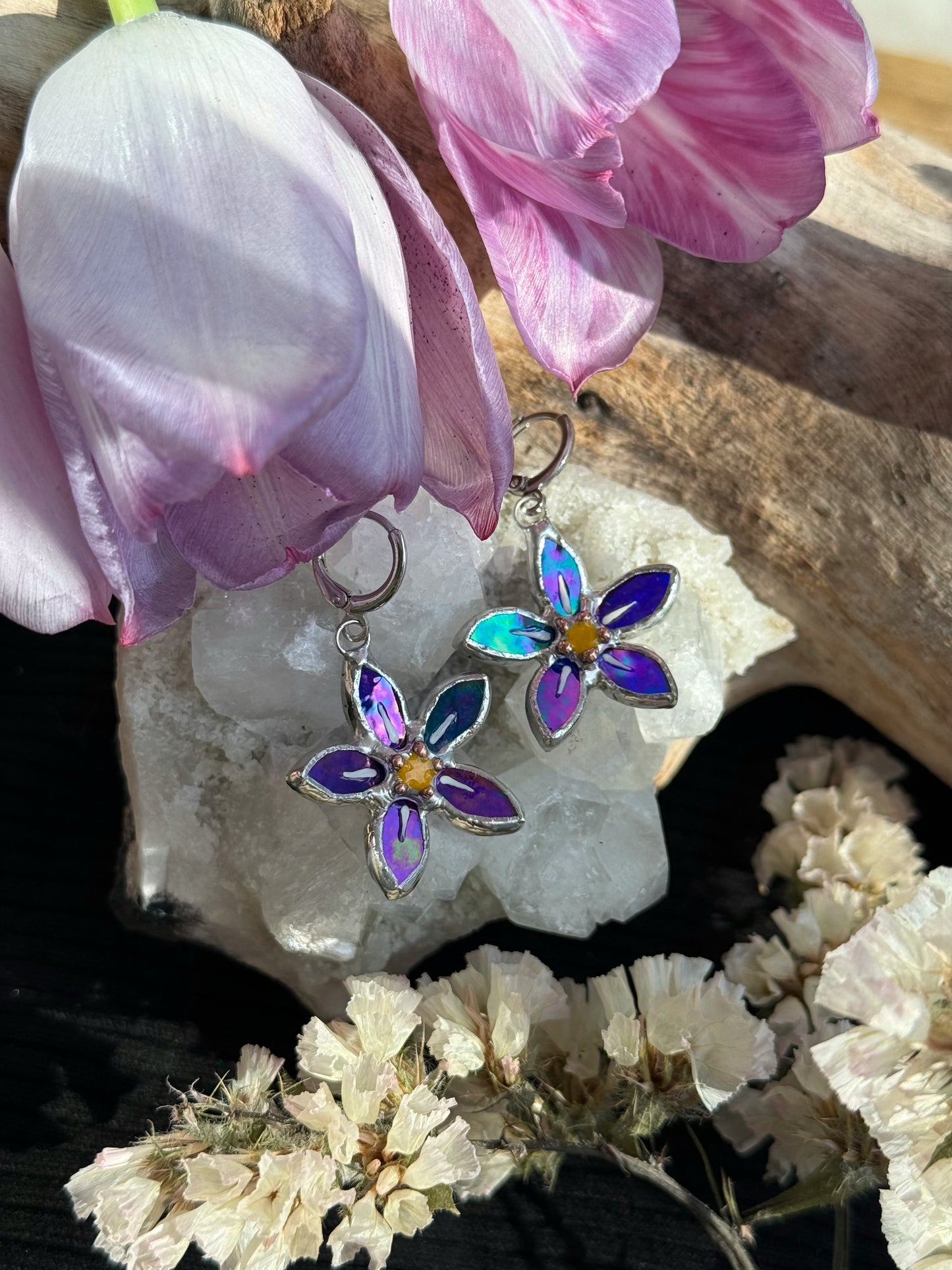 .Forget Me Not Earrings Indigo Luminescent Handcrafted Stained glass Botanical Art Jewelry