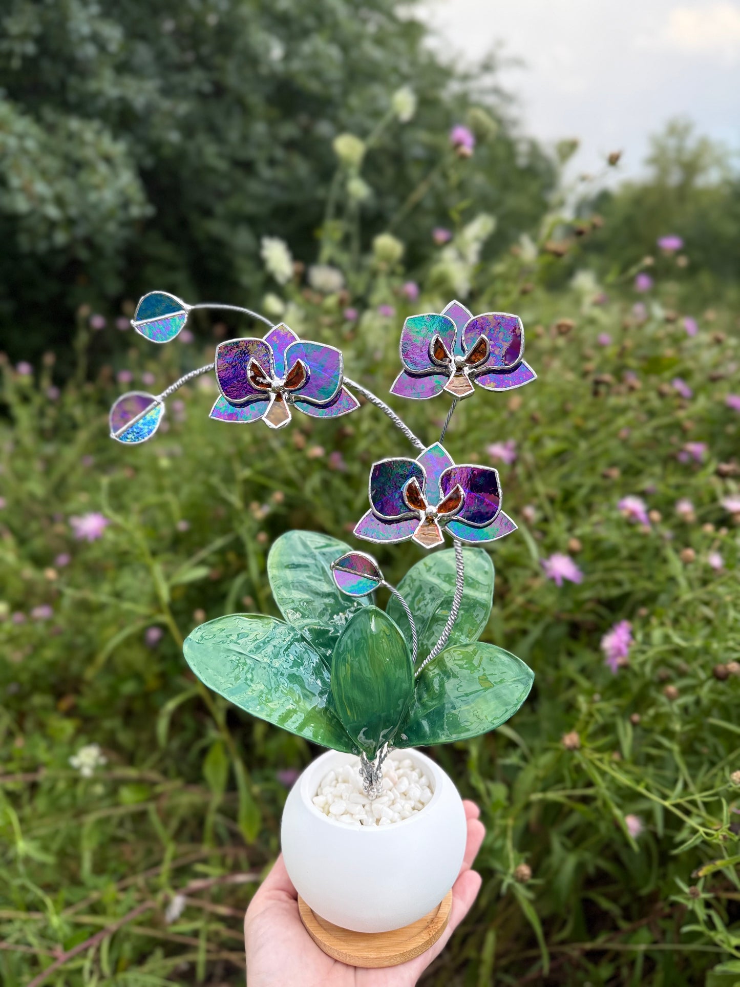 Orchid Indigo Iridescent Stained Glass WITH Hand Painted RESIN LEAVES, 3 Flowers, Botanical Table Decor