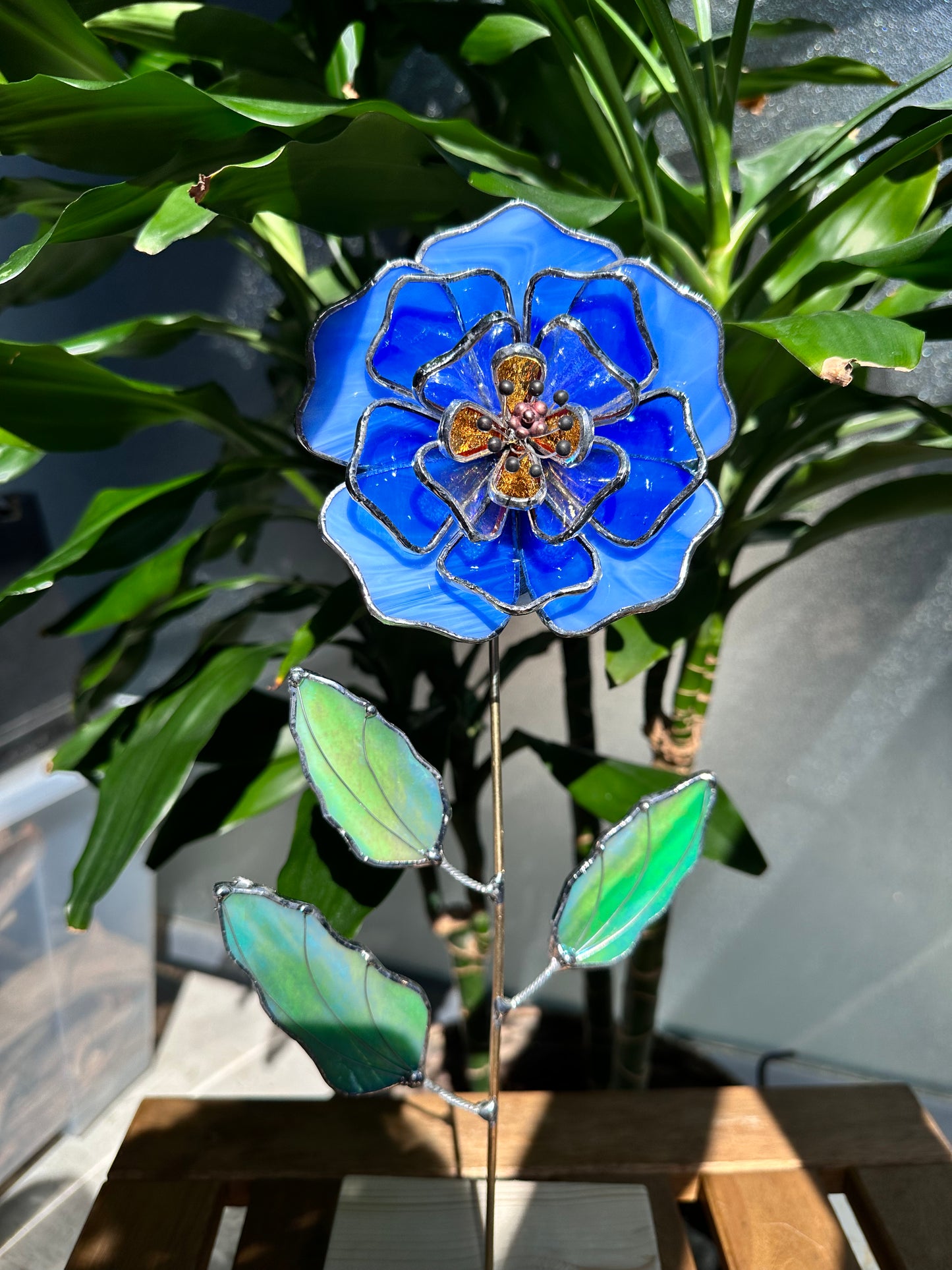 ". Peony Stained glass flower Sky Blue & Gold,  tropical 3D Sun catcher, Table plant decor