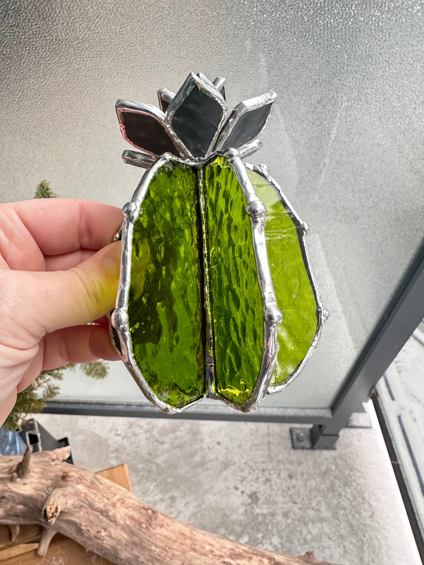 "Cactus XL Silvercoat Amber & Green Ribbed Transparent", Stained glass, Succulent 3D Cacti house plant for flower pot Sun catcher glass art wedding