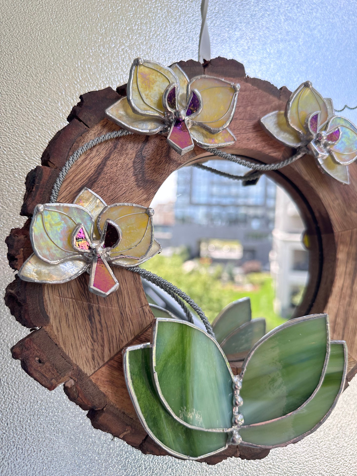 ". Yellow iridescent Orchid Mirror" Stained glass flower Wall decor.  Sun catcher Wooden frame Home wedding Decor Art. Christmas gift