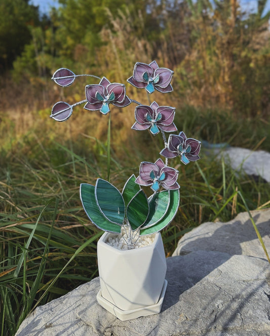 " . Dusty Rose translucent Orchid 5 flowers with pot" Stained glass tropical flower 3D, Sun catcher, Table plant, Garden stick, wedding decor, Christmas gift