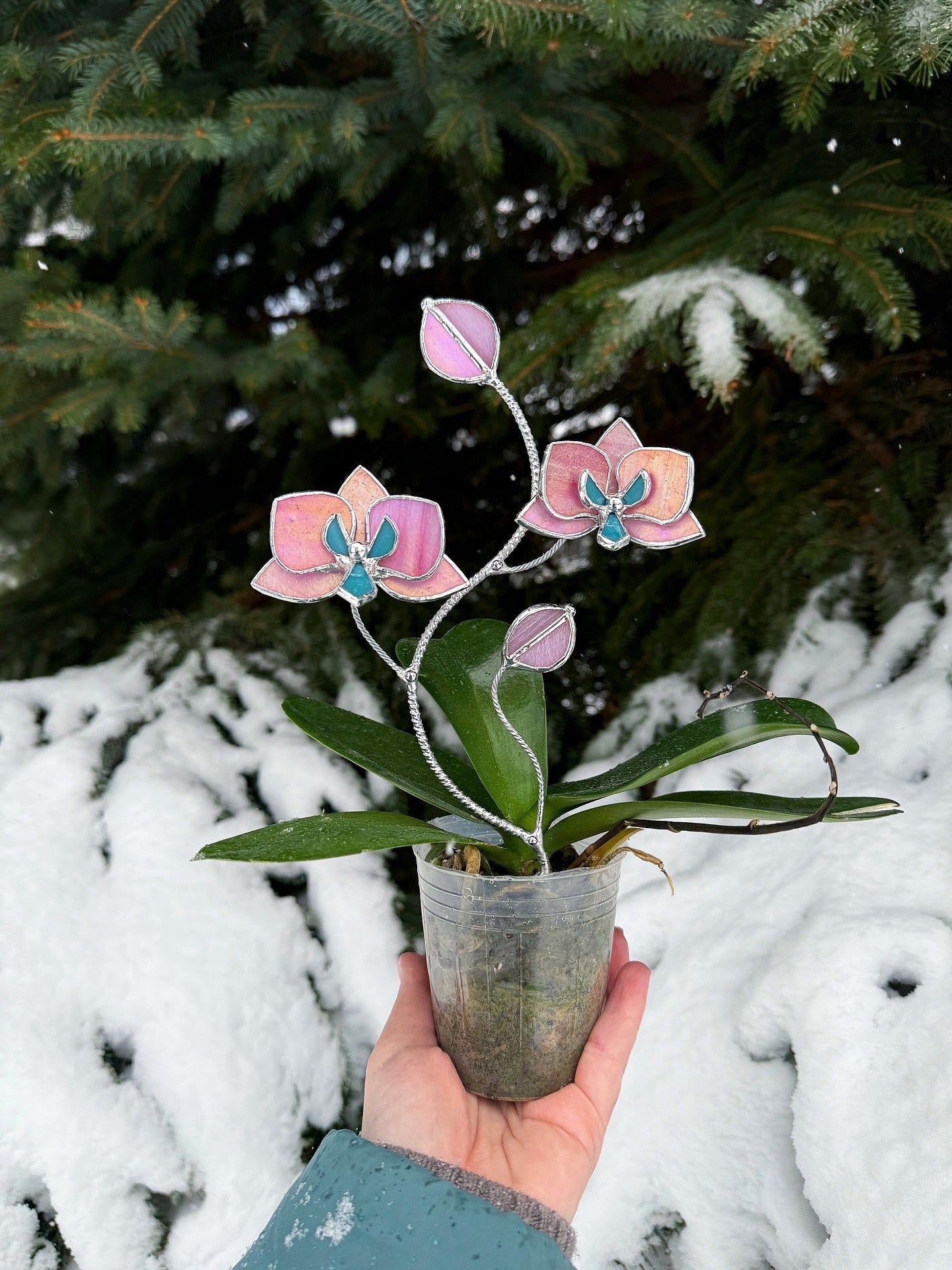 "  . Bright Pink iridescent Orchid flower stick, Plant stake 2 flowers no pot” Stained glass decor