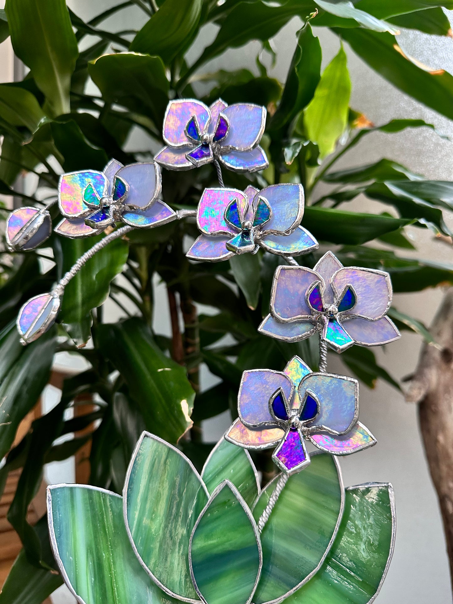 " . Lavender iridescent Orchid 5 flowers with pot" Stained glass tropical flower 3D, Sun catcher, Table plant, Garden stick, wedding decor, Christmas gift