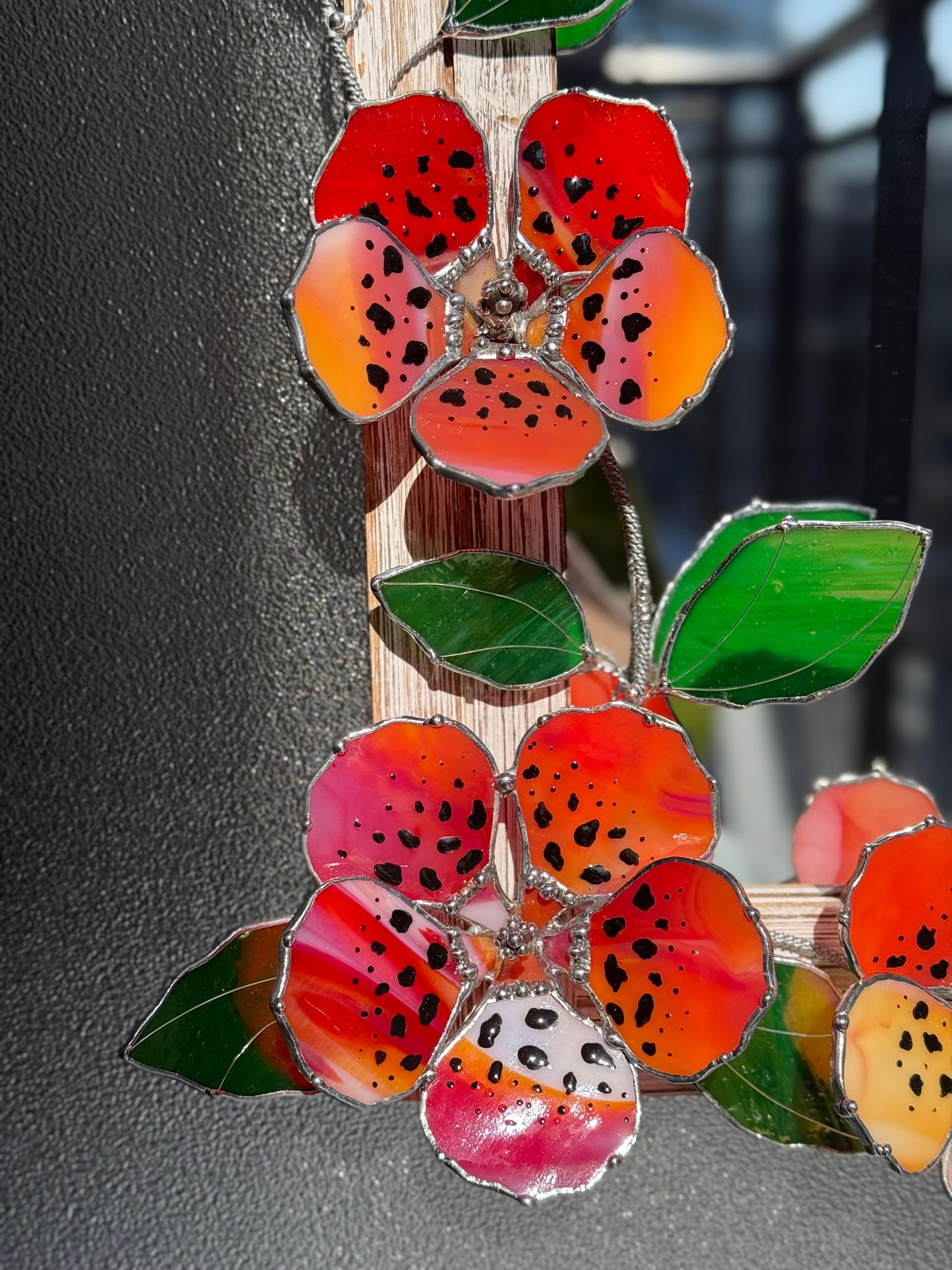 .Tiger Hibiscus Stained glass Wall Mirror, 3D Botanical Floral Art