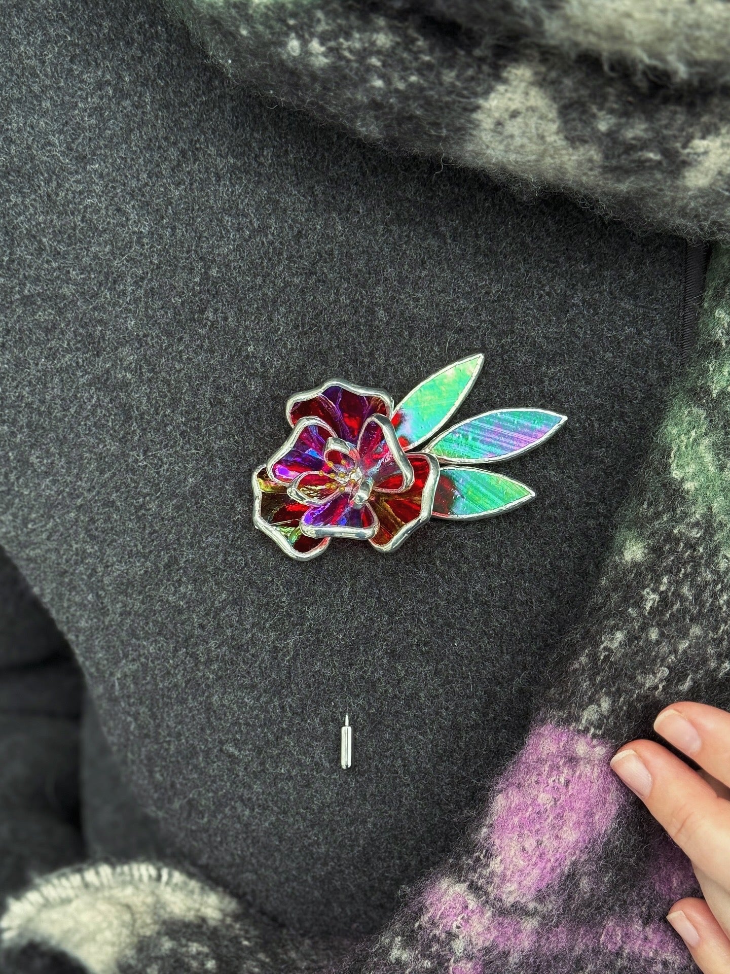 Red Rose Brooch Statement Stained Glass Floral Pin, Modern Art Jewelry