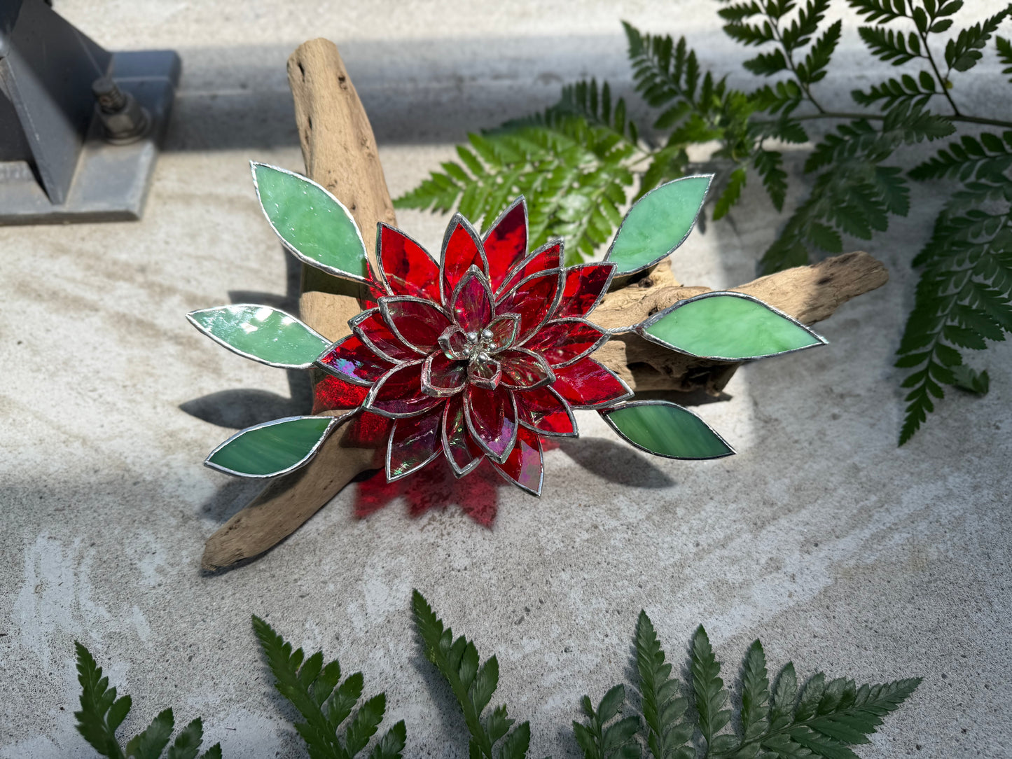 .Fire Flower Iridescent " Stained Glass Driftwood Wall Decor Suncatcher