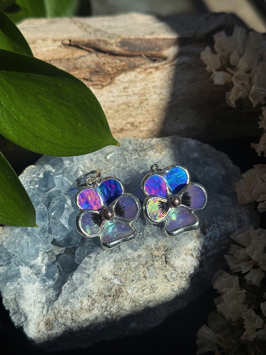 Pansy Earrings Indigo Lavender Handcrafted Stained glass Botanical Art Jewelry