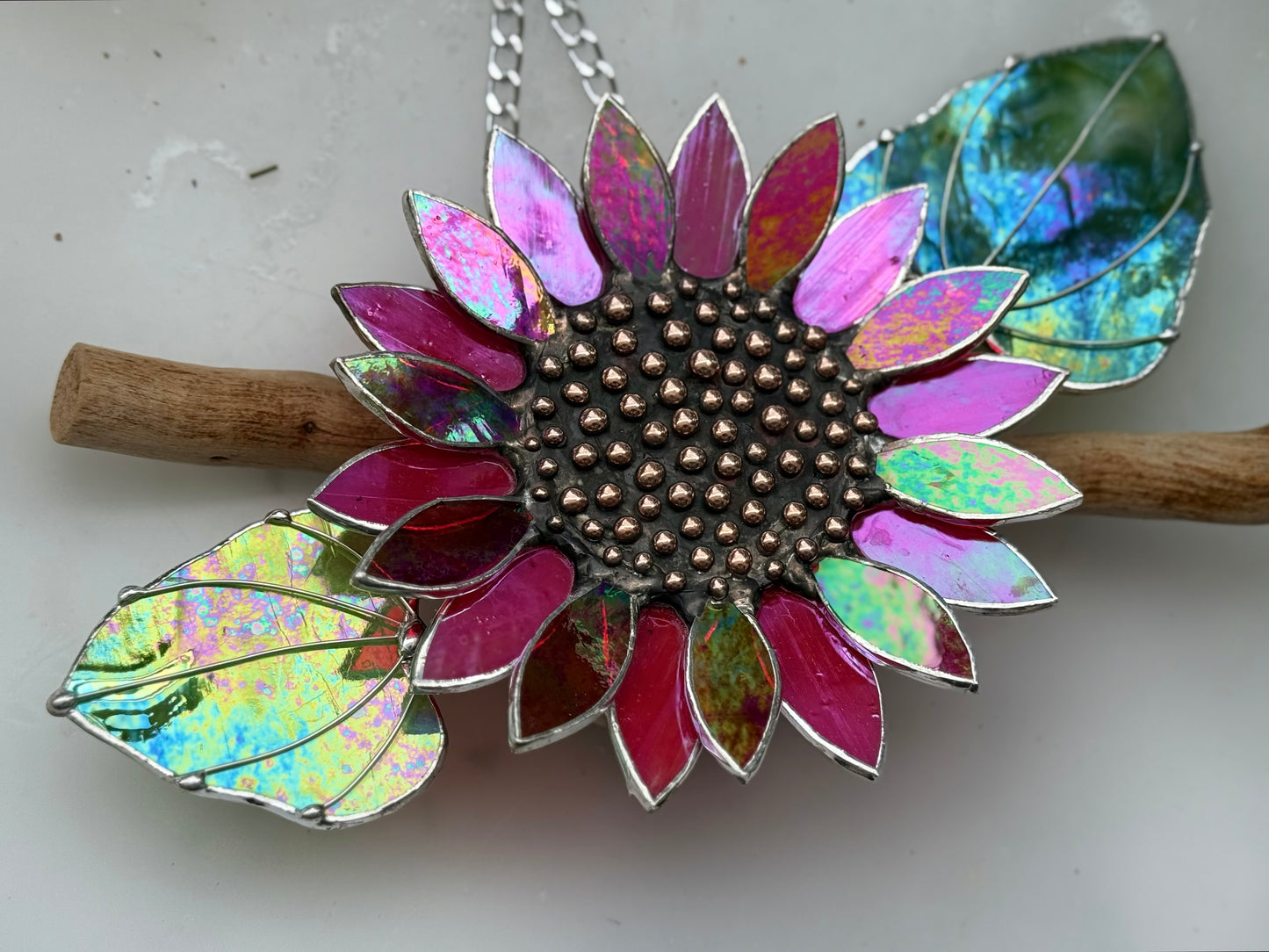 "  . Sunflower Red iridescent", stained glass wall decor, tropical flower 3D, Sun catcher, Plant decor