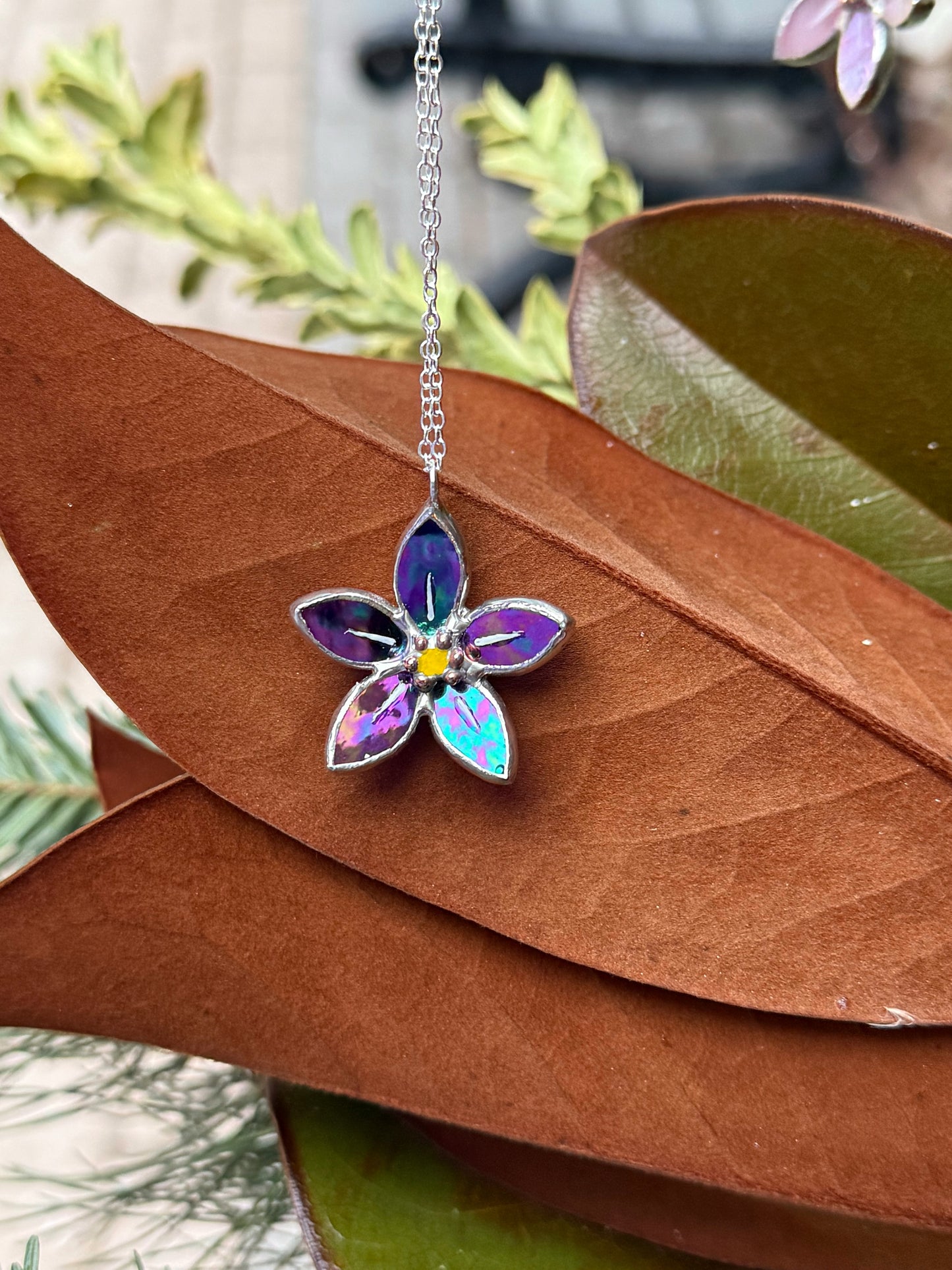 Forget Me Not Necklace Stained Glass Necklace Indigo, Botanical Jewelry
