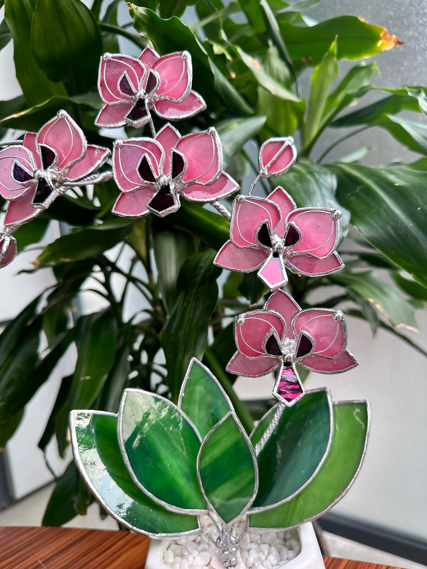 " .Baby Pink Orchid 5 flowers with pot" Stained glass tropical flower 3D, Sun catcher, Table plant, Garden stick, wedding decor, Christmas gift