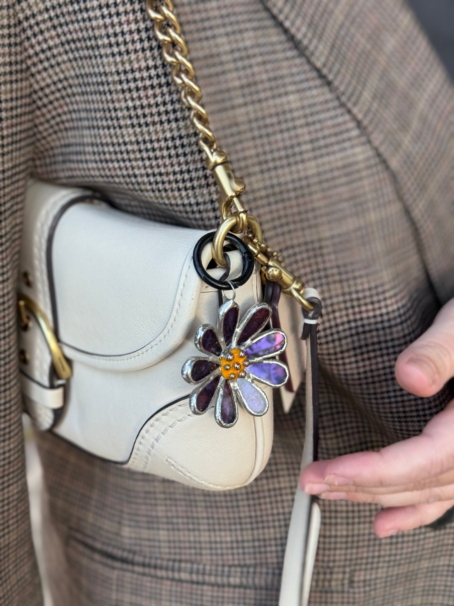 Daisy Purple & Pink Stained Glass Bag Charm Handmade Lead Free Accessories