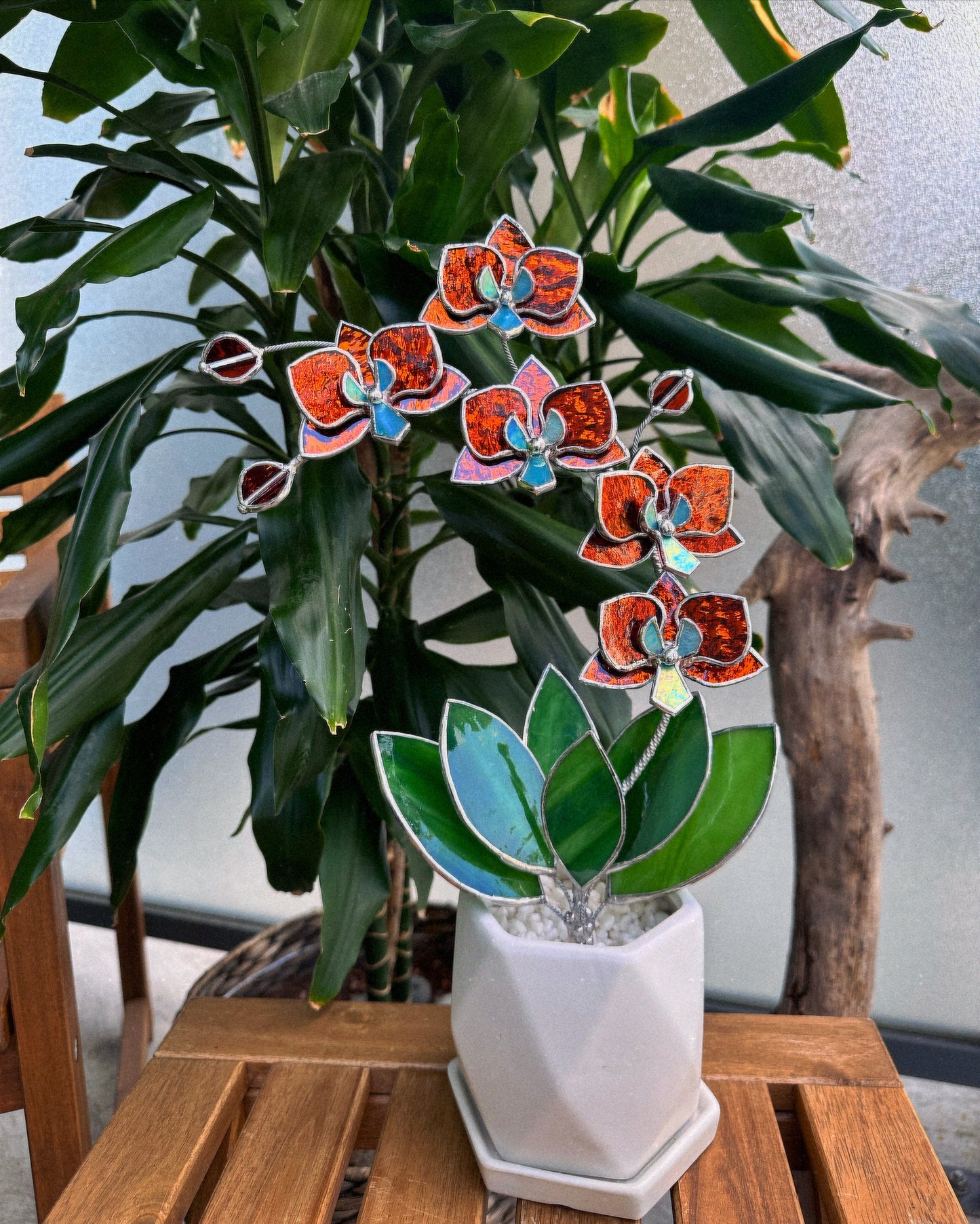 ". Amber silvercoat Orchid 5 flowers with pot" Stained glass tropical flower 3D, Sun catcher, Table plant, Garden stick, wedding decor, Christmas gift