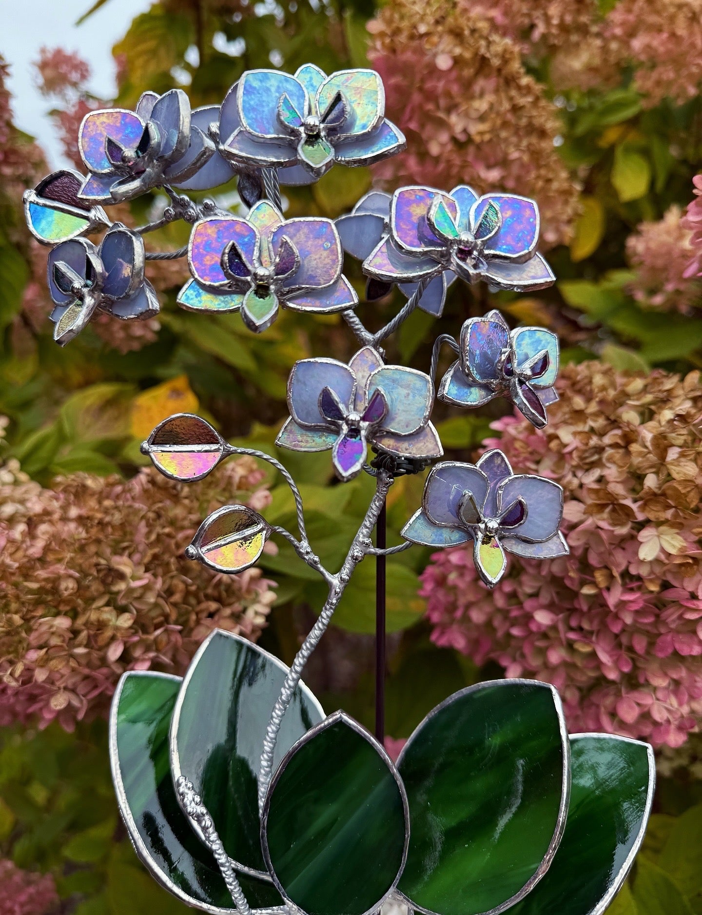 "  . Stained glass Orchid Lavender iridescent, double sided, 10 flowers with pot”, Stained glass tropical flower 3D, Suncatcher, Table plant decor
