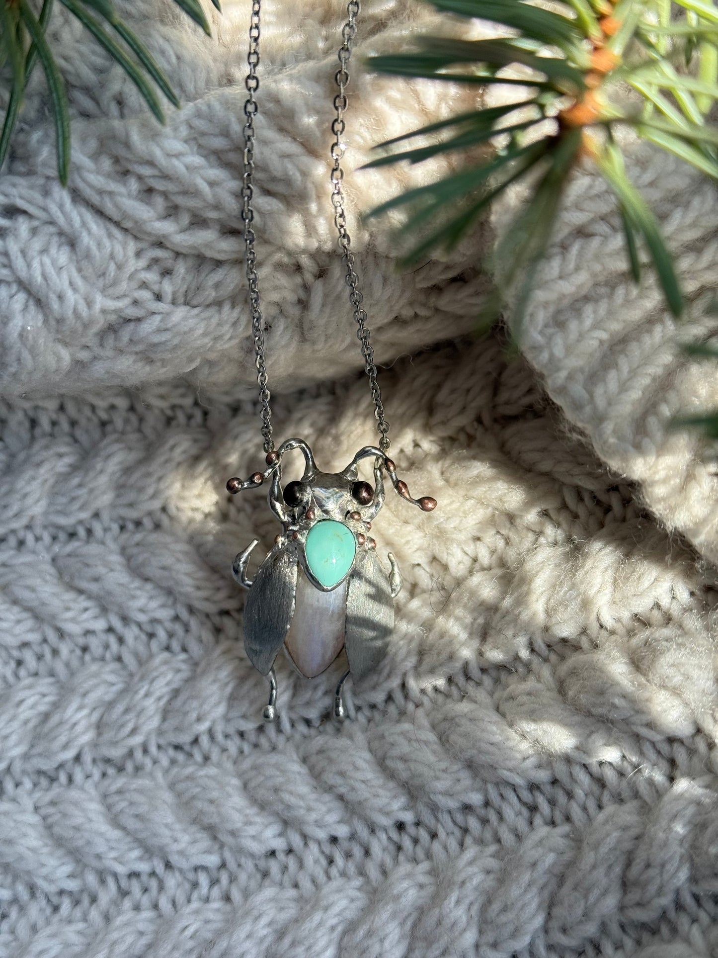 " . Bug necklace Moon Cicada with Blue Turquoise & Moonstone”, art jewelry pendant 3D wedding jewelry Mother’s Day gift