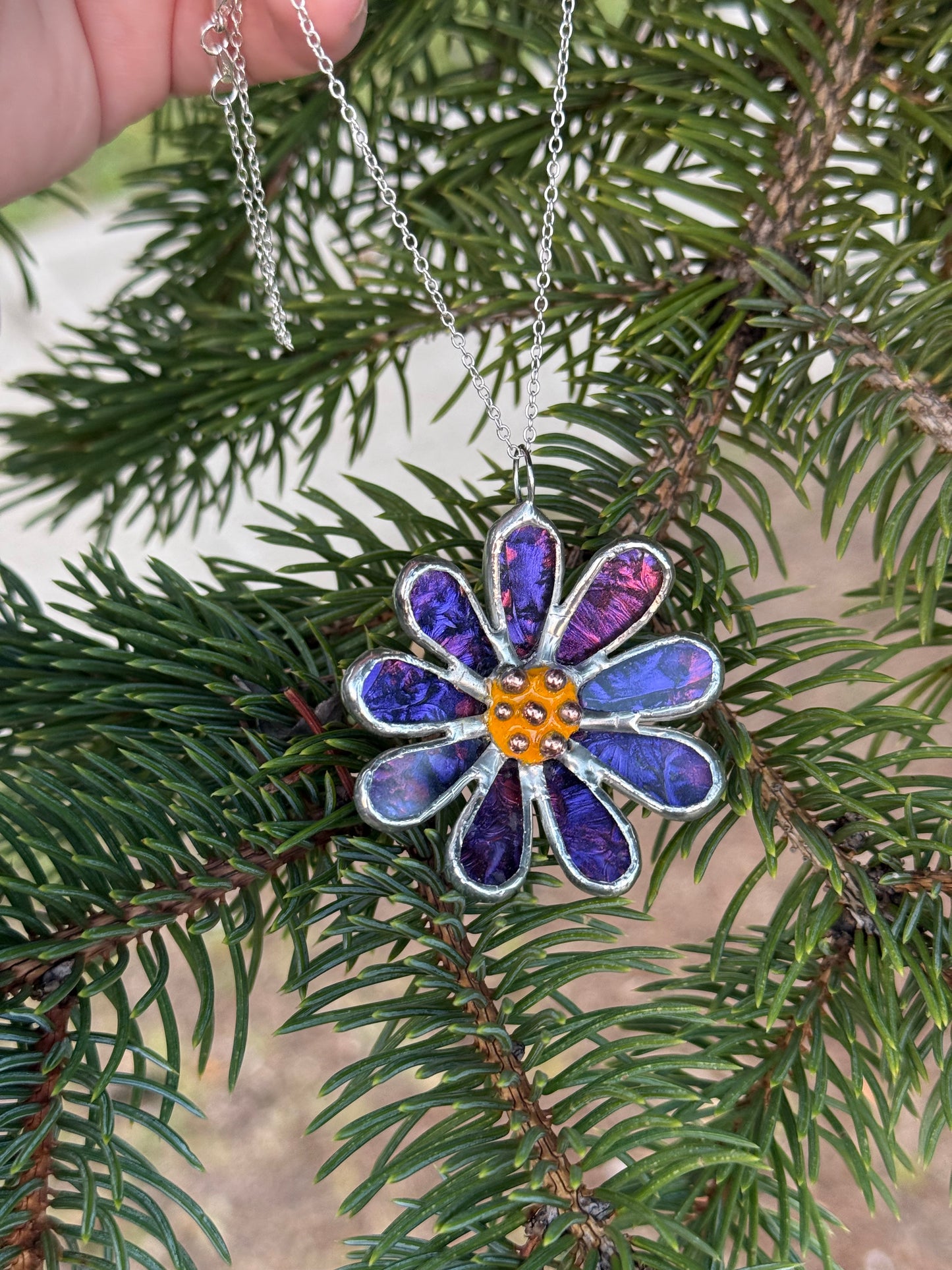 Daisy Purple & Pink, Stained Glass Necklace or Brooch, Handmade Botanical Jewelry