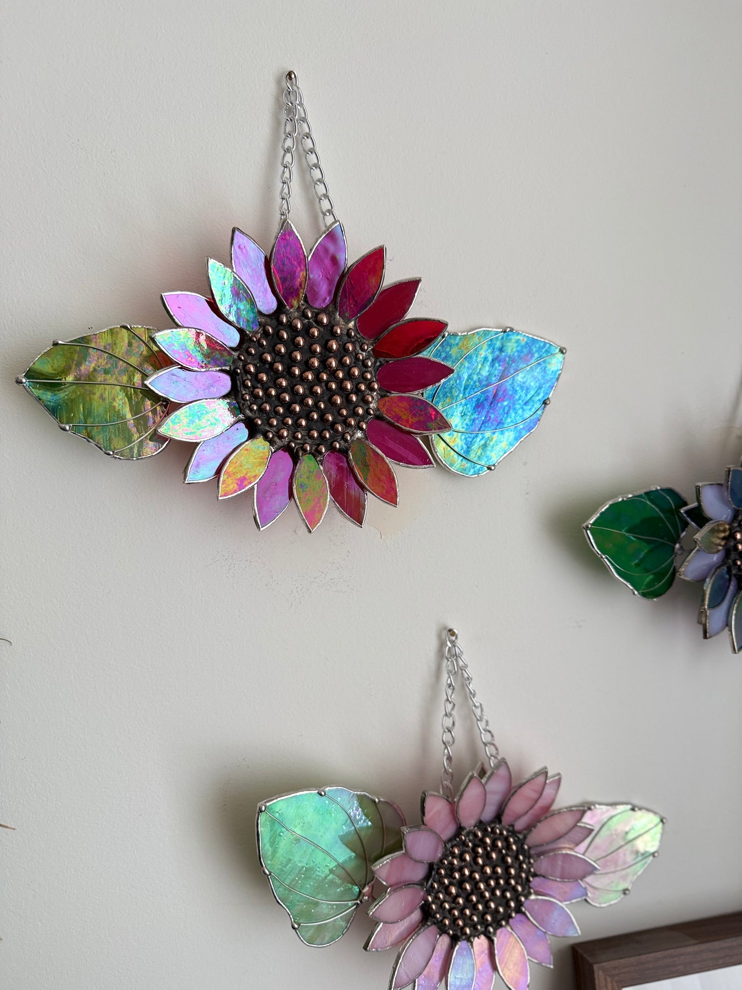 Sunflower Ruby Red, Stained Glass Suncatcher, Wall Art Decor ready