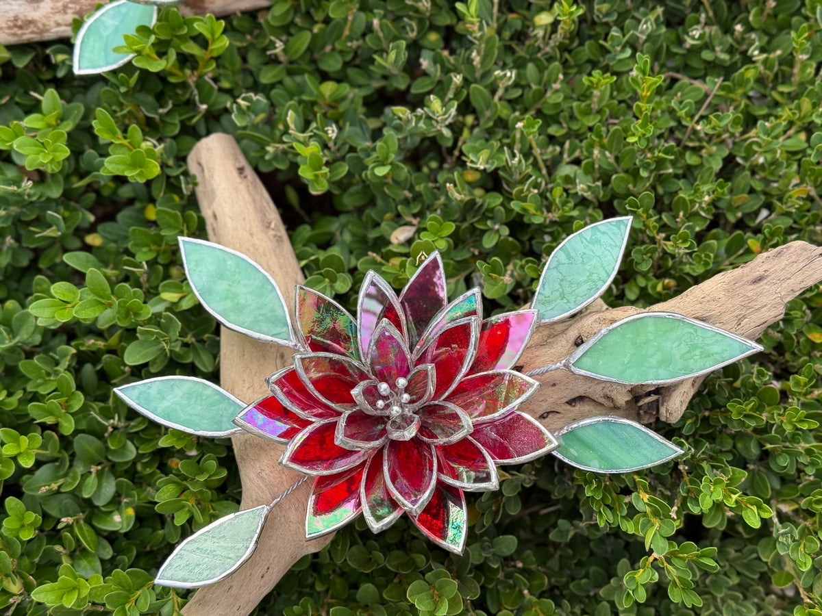 Fire Flower Iridescent Stained Glass Driftwood Wall Decor Suncatcher