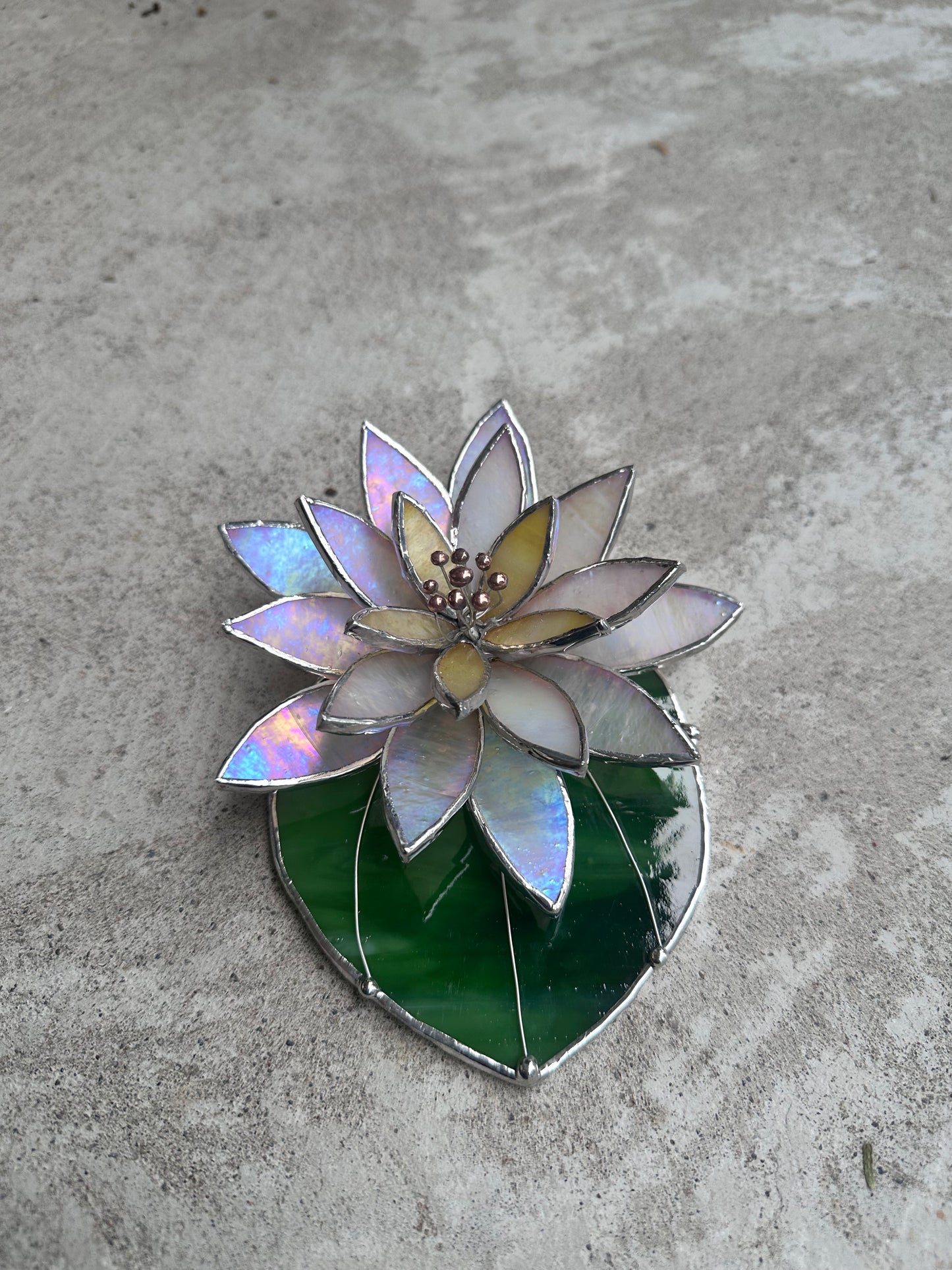 ".Water Lily White Pearl with leaf" Stained glass table decor, holiday decorations, succulents