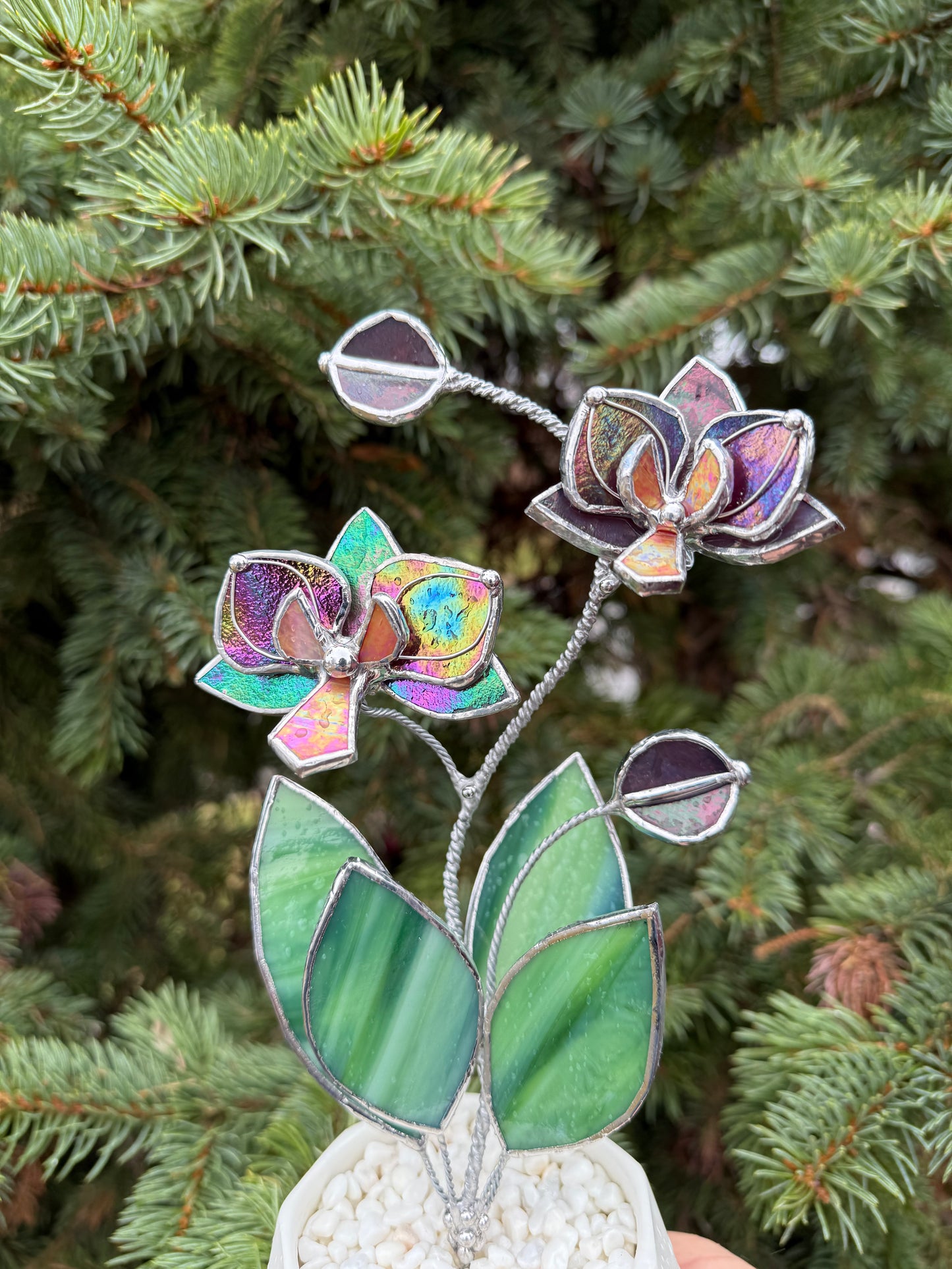 " . Mauve iridescent Orchid 2 flowers with pot” Stained glass tropical flower 3D, Sun catcher, Table plant decor, Garden stick, Outdoor and gardening decor