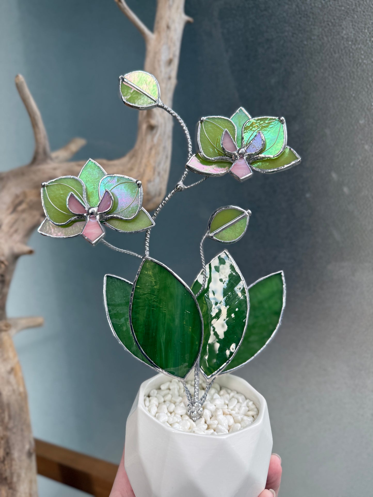 " .  Bright green iridescent Orchid, 2 flowers with pot” Stained glass tropical flower 3D, Suncatcher, Table plant decor
