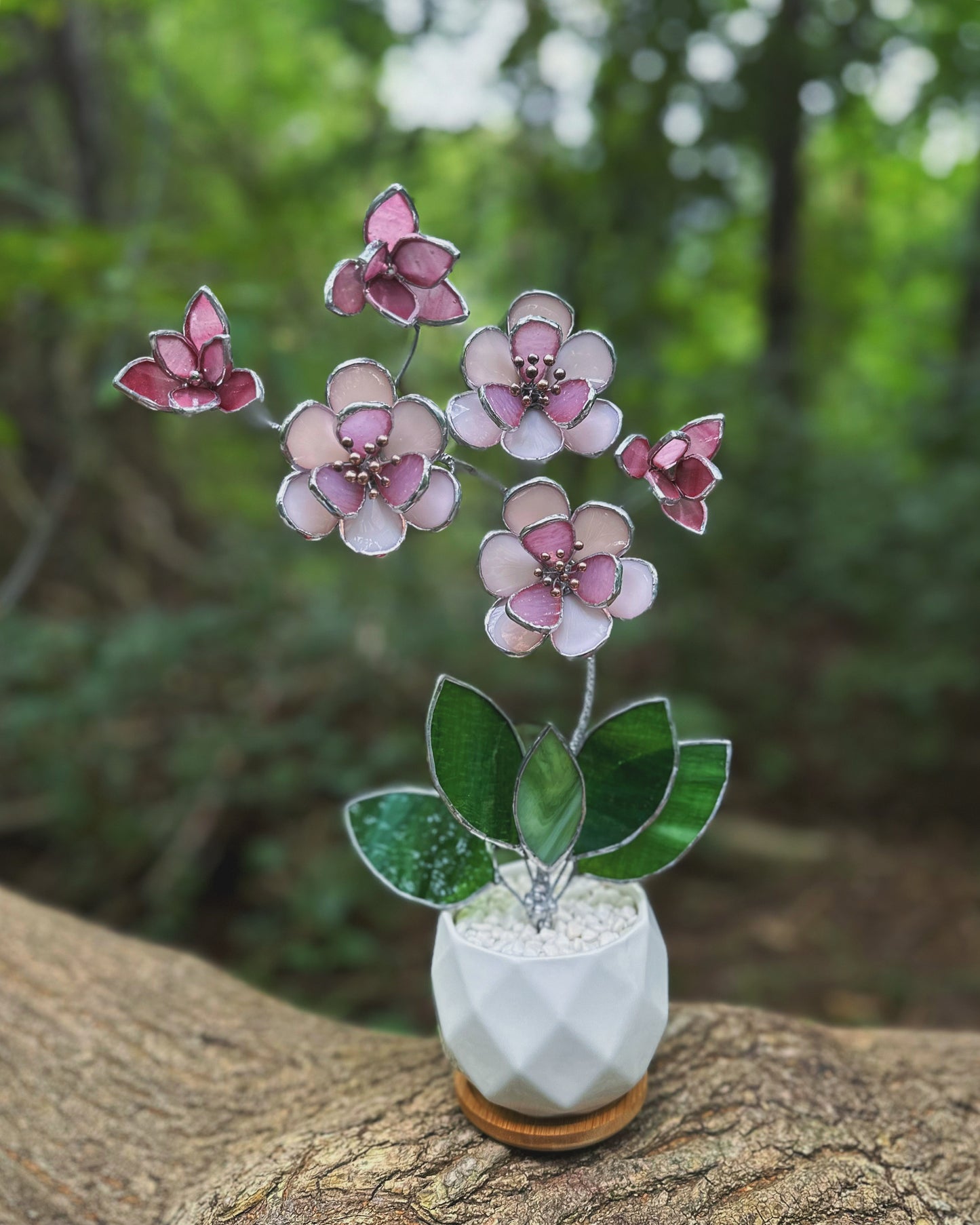 " . Sakura flowers with pot" Stained glass tropical flower 3D, Sun catcher, Table plant, Garden stick, wedding decor, Christmas gift