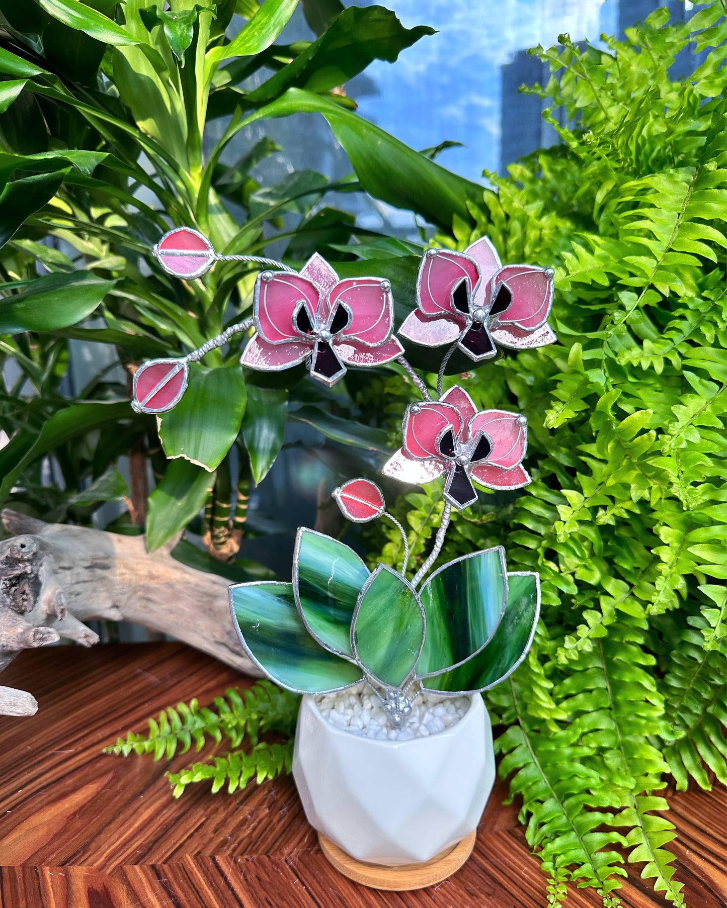 ". Baby Pink Orchid 3 flowers with pot” Stained glass tropical flower 3D, Sun catcher, Table plant, Garden stick, Outdoor and gardening decor