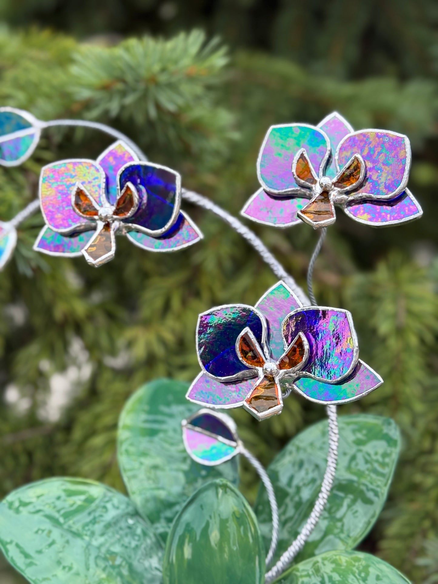 Orchid Indigo Iridescent Stained Glass WITH Hand Painted RESIN LEAVES, 3 Flowers, Botanical Table Decor