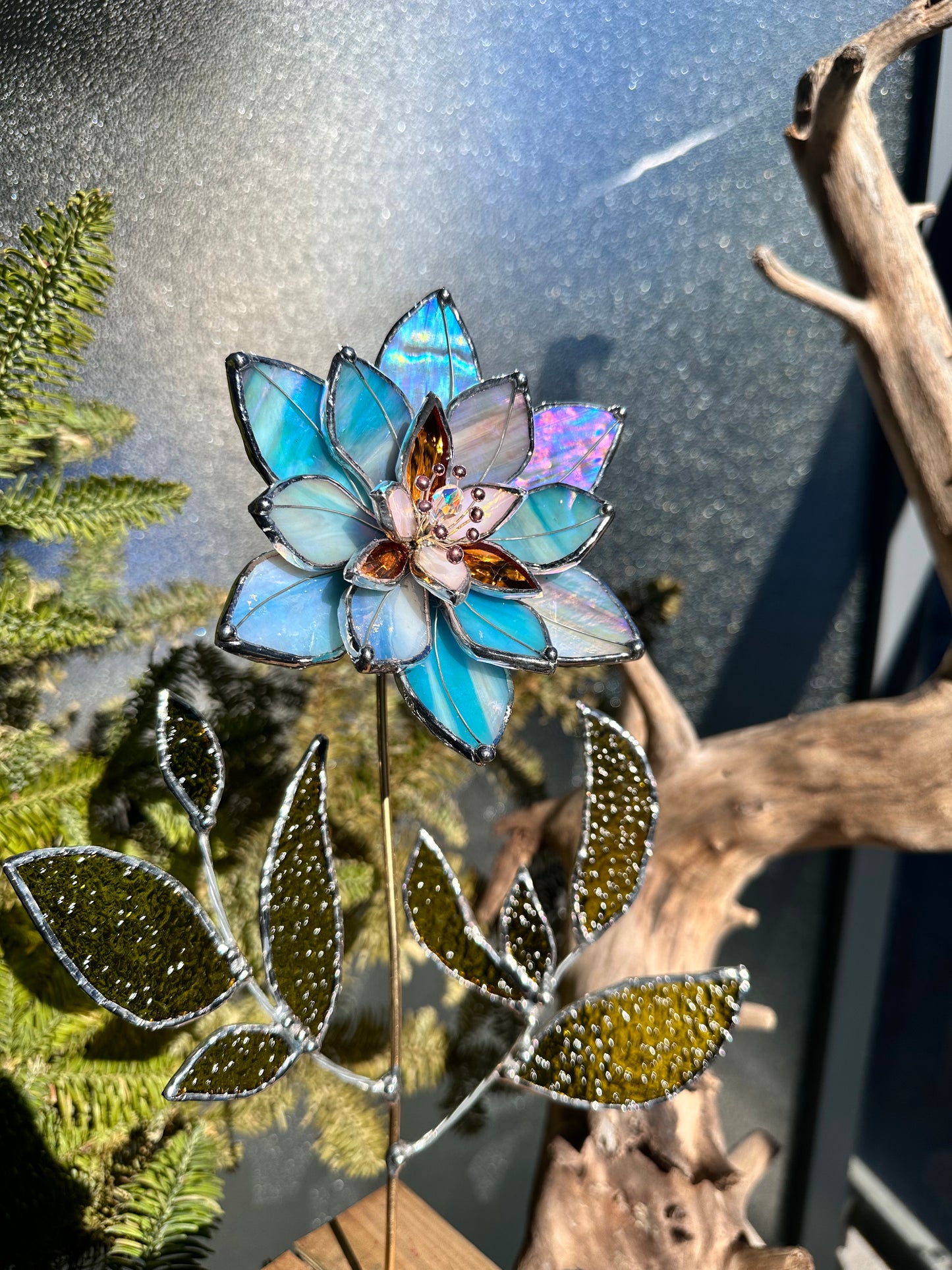 ".Lily Sky Blue & Lavender iridescent " Stained glass tropical flower 3D, Sun catcher, Table plant decor, Garden stake, wedding decor, Christmas gift