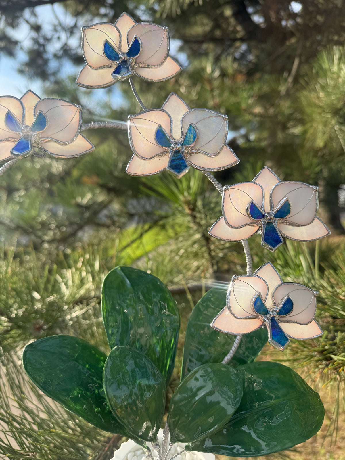 Pearl White iridescent Artificial Orchid, WITH RESIN LEAVES, 5 Flowers, Handmade Botanical Art Decor