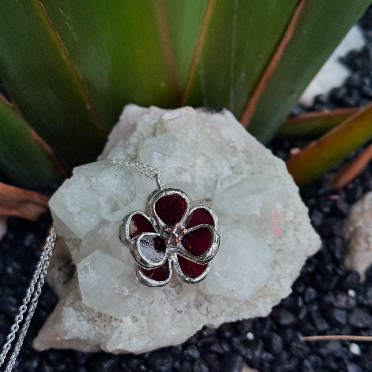 Chocolate Cosmos Flower Stained Glass Necklace, Handmade Botanical Jewelry