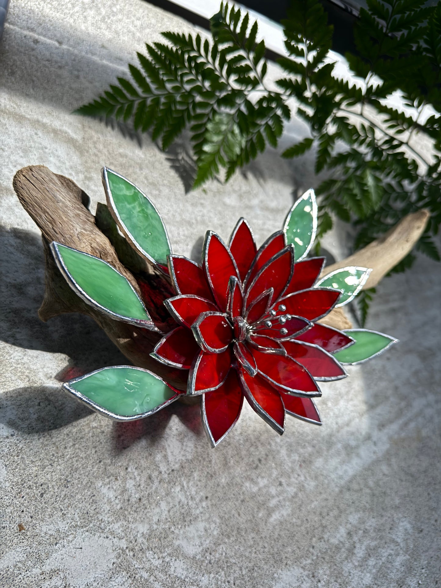 .Fire Flower Stained Glass Driftwood Wall Decor Suncatcher