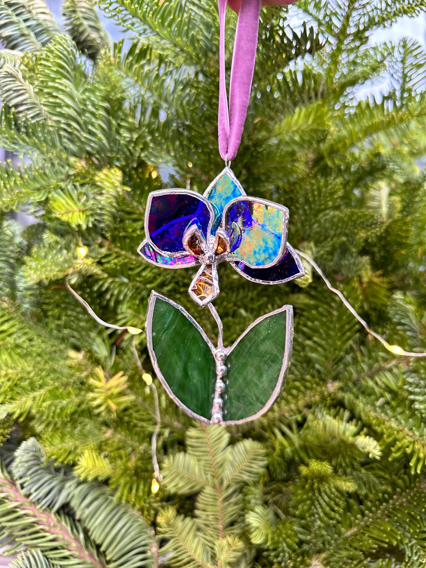 Christmas tree ornament Orchid Indigo Iridescent Set of 1, 3, 5. Stained glass Wall window decor, holiday decorations, lights