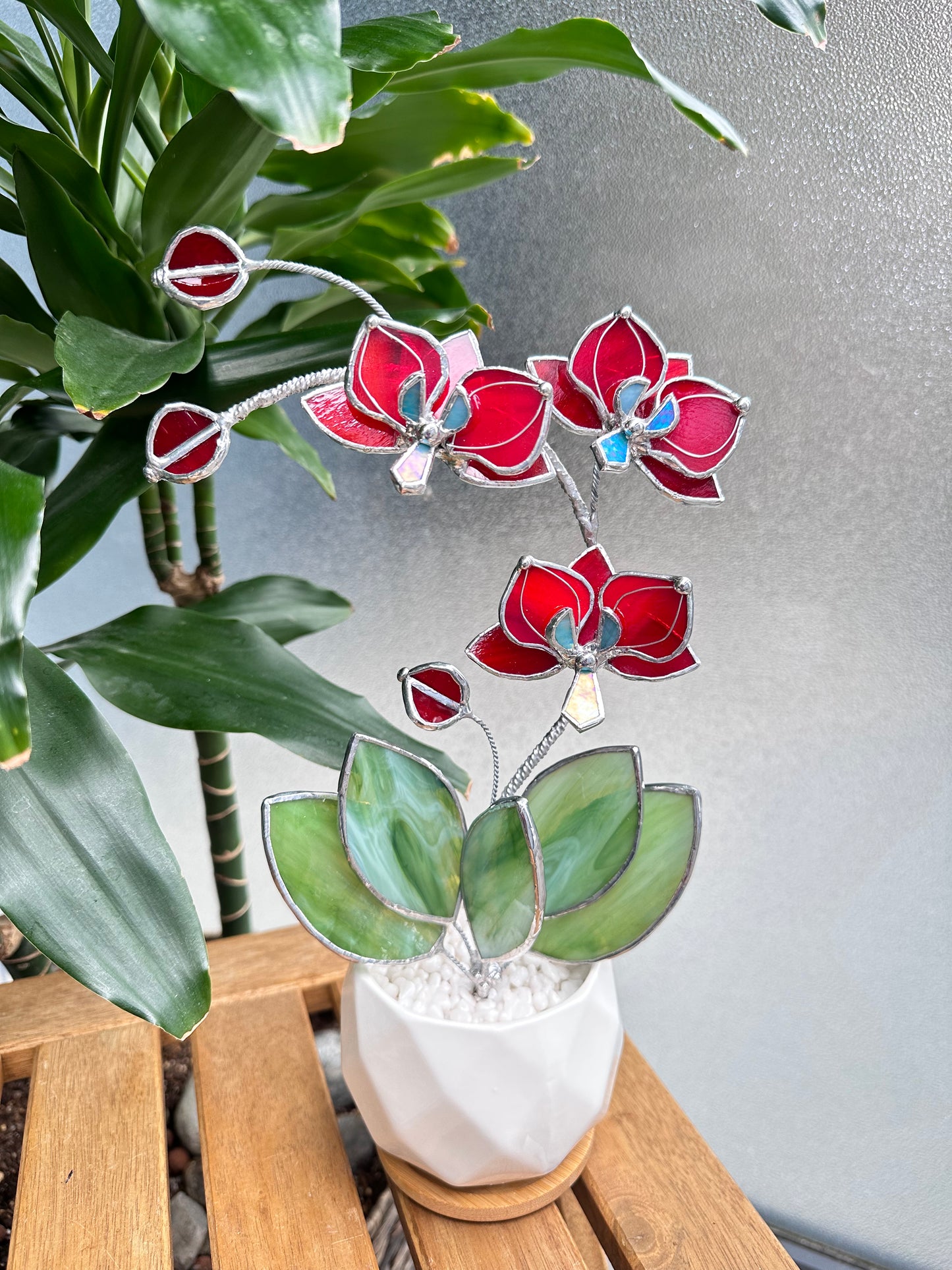 ". Ruby Red Orchid 3 flowers with pot” Stained glass tropical flower 3D, Sun catcher, Table plant decor, Garden stick, Outdoor and gardening decor