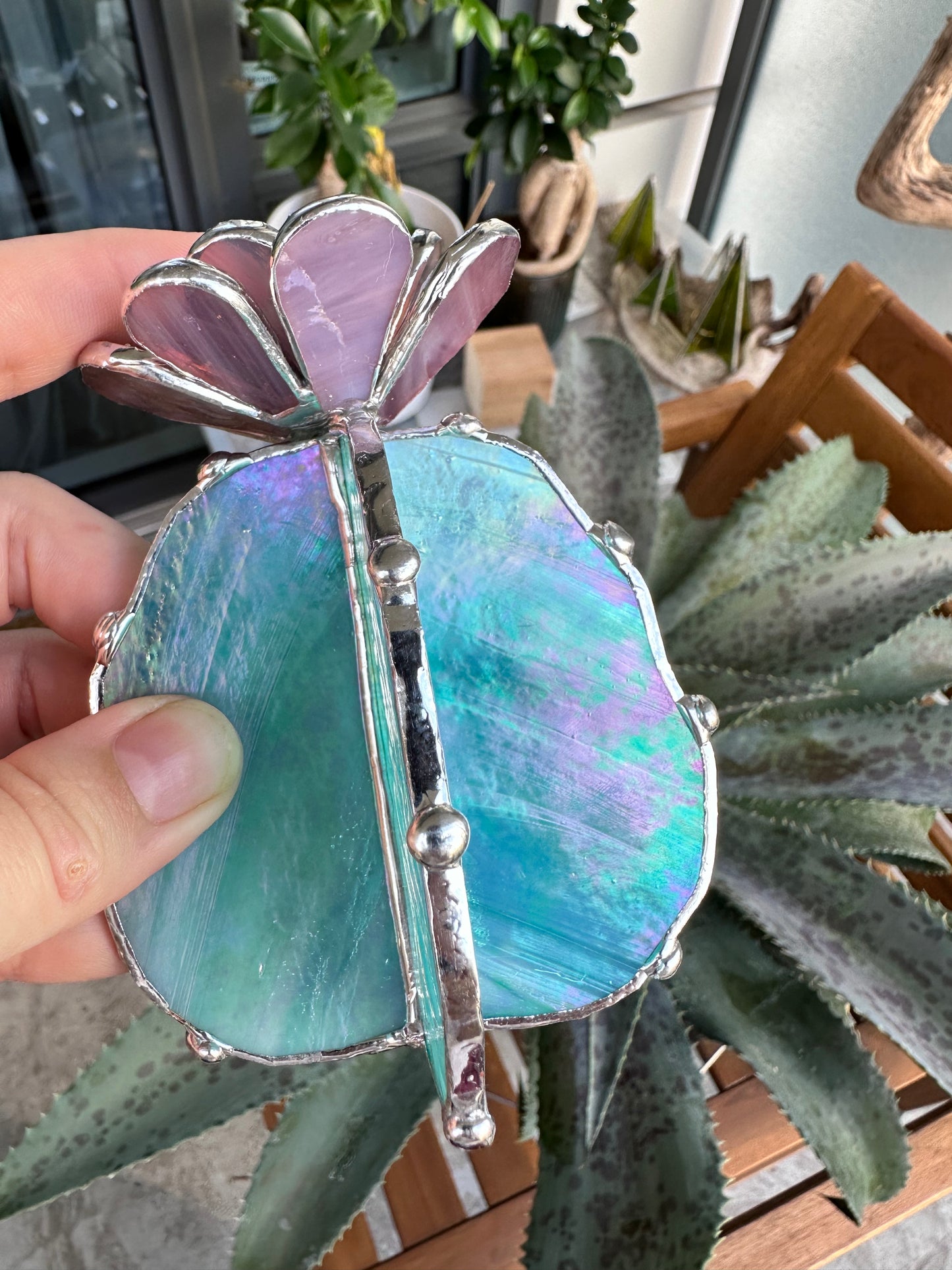 "Cactus XL Purple Turquoise Iridescent", Stained glass Succulent 3D, Cacti, house plant for flower pot, Sun catcher, glass art