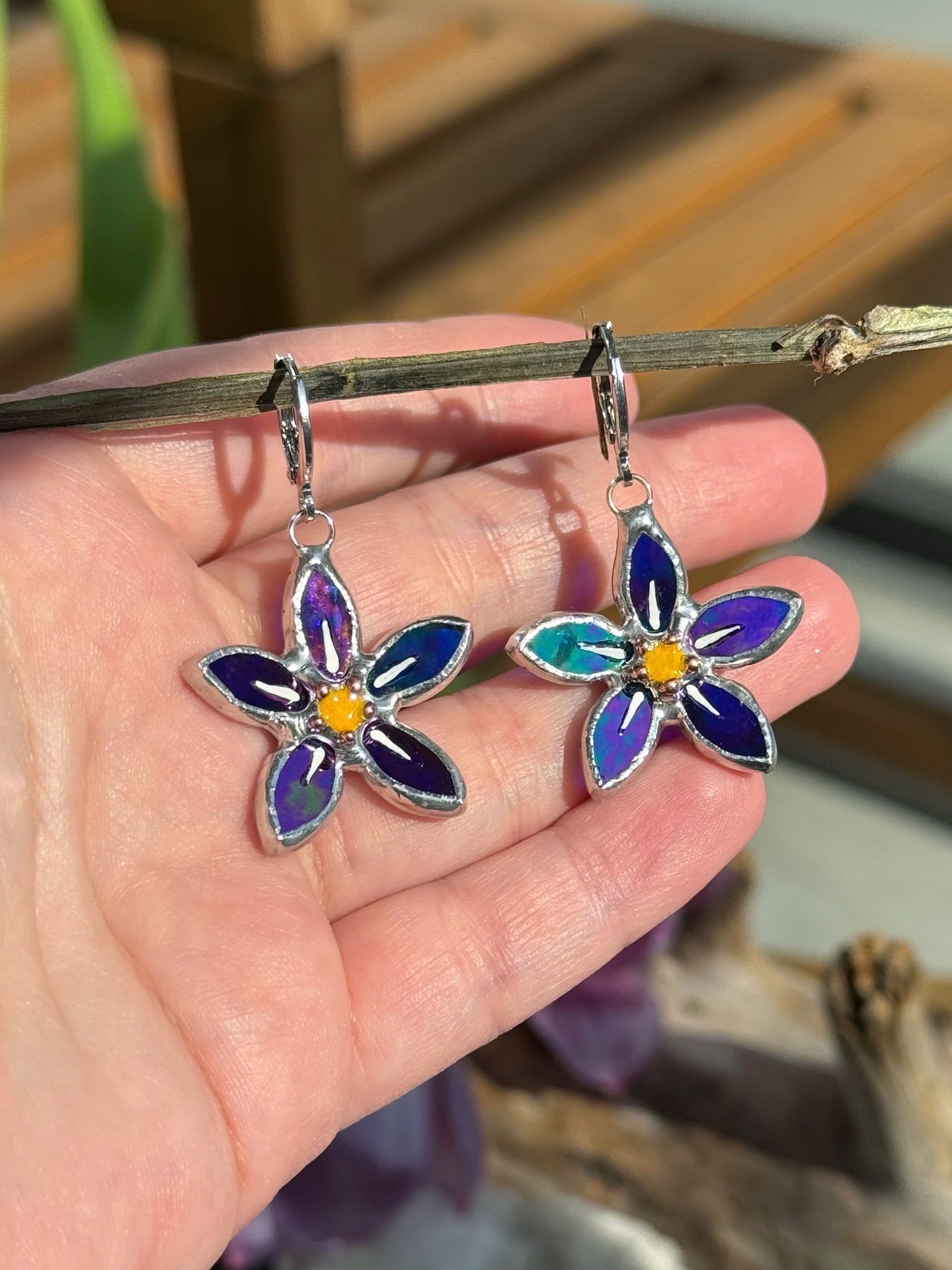 .Forget Me Not Earrings Indigo Luminescent Handcrafted Stained glass Botanical Art Jewelry