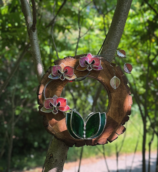 " . Berry red iridescent Orchid Mirror" Stained glass flower Wall decor.  Sun catcher Wooden frame Home wedding Decor Art. Christmas gift