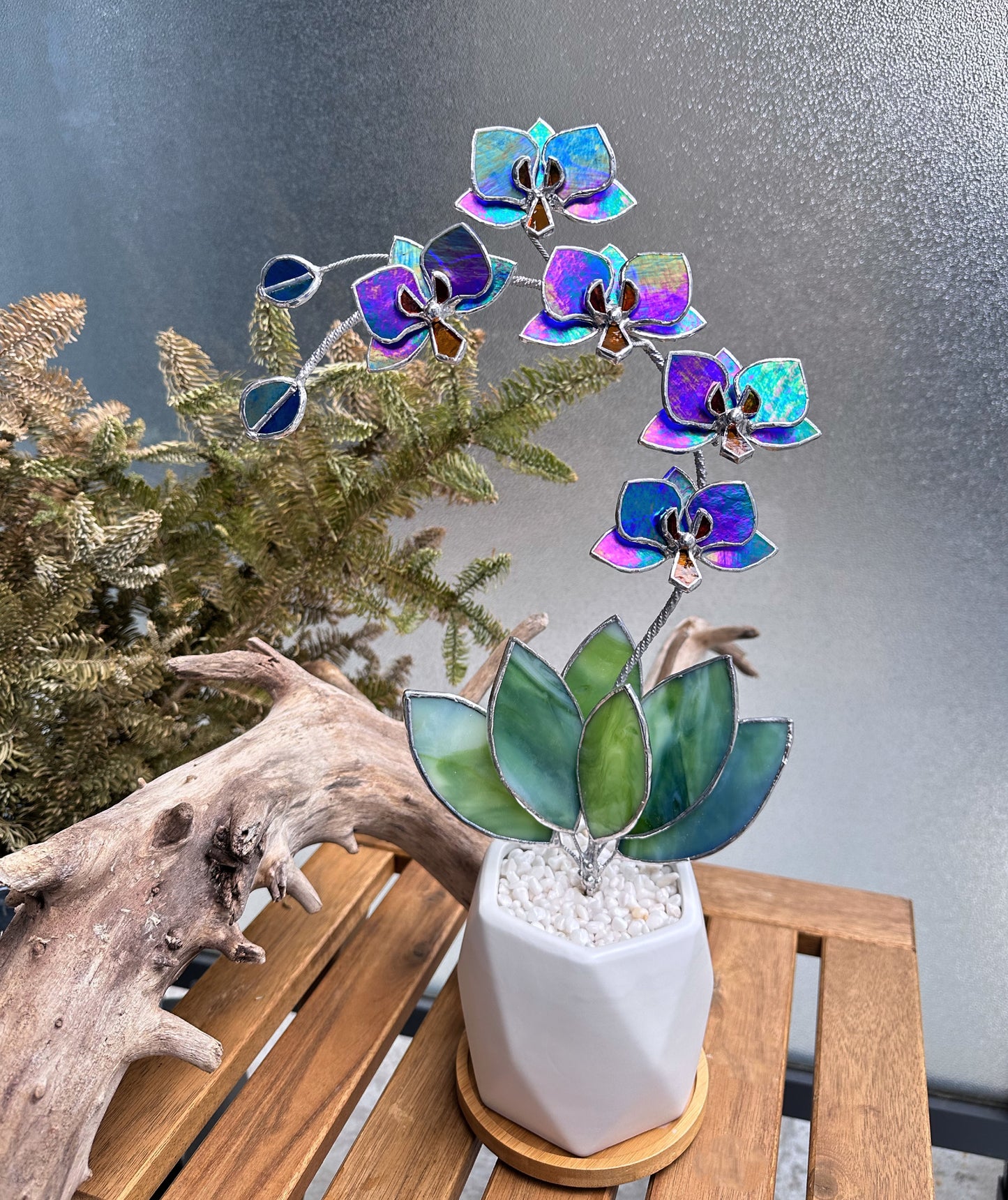 " .Indigo iridescent Orchid 5 flowers with pot" Stained glass tropical flower 3D, Sun catcher, Table plant, Garden stick, wedding decor, Christmas gift