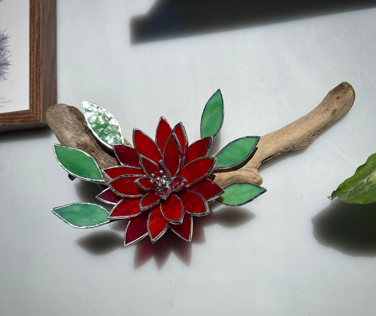 .Fire Flower Stained Glass Driftwood Wall Decor Suncatcher