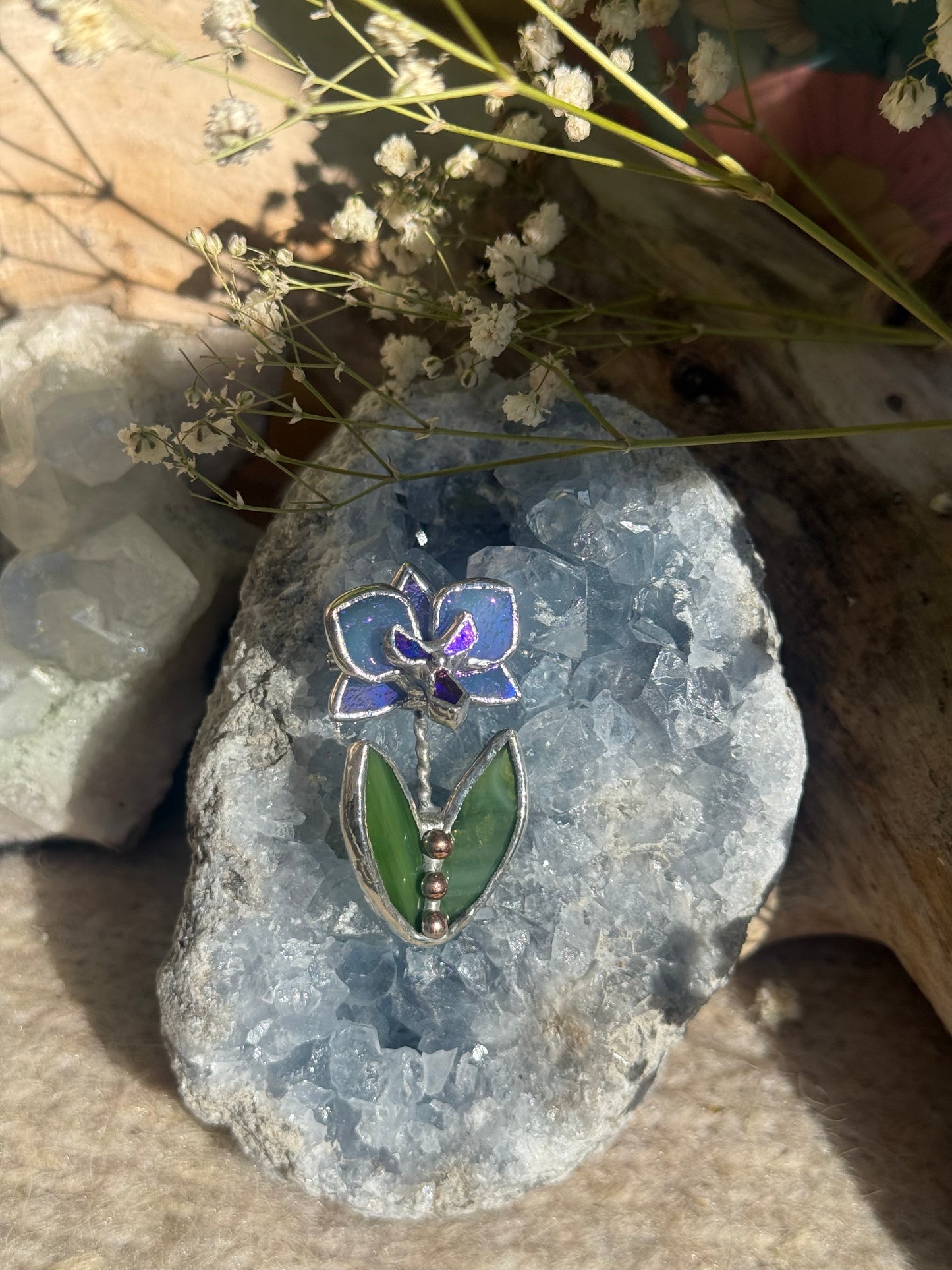 Brooch Orchid Blue Lavender irid Stained glass flower 3D art jewelry new