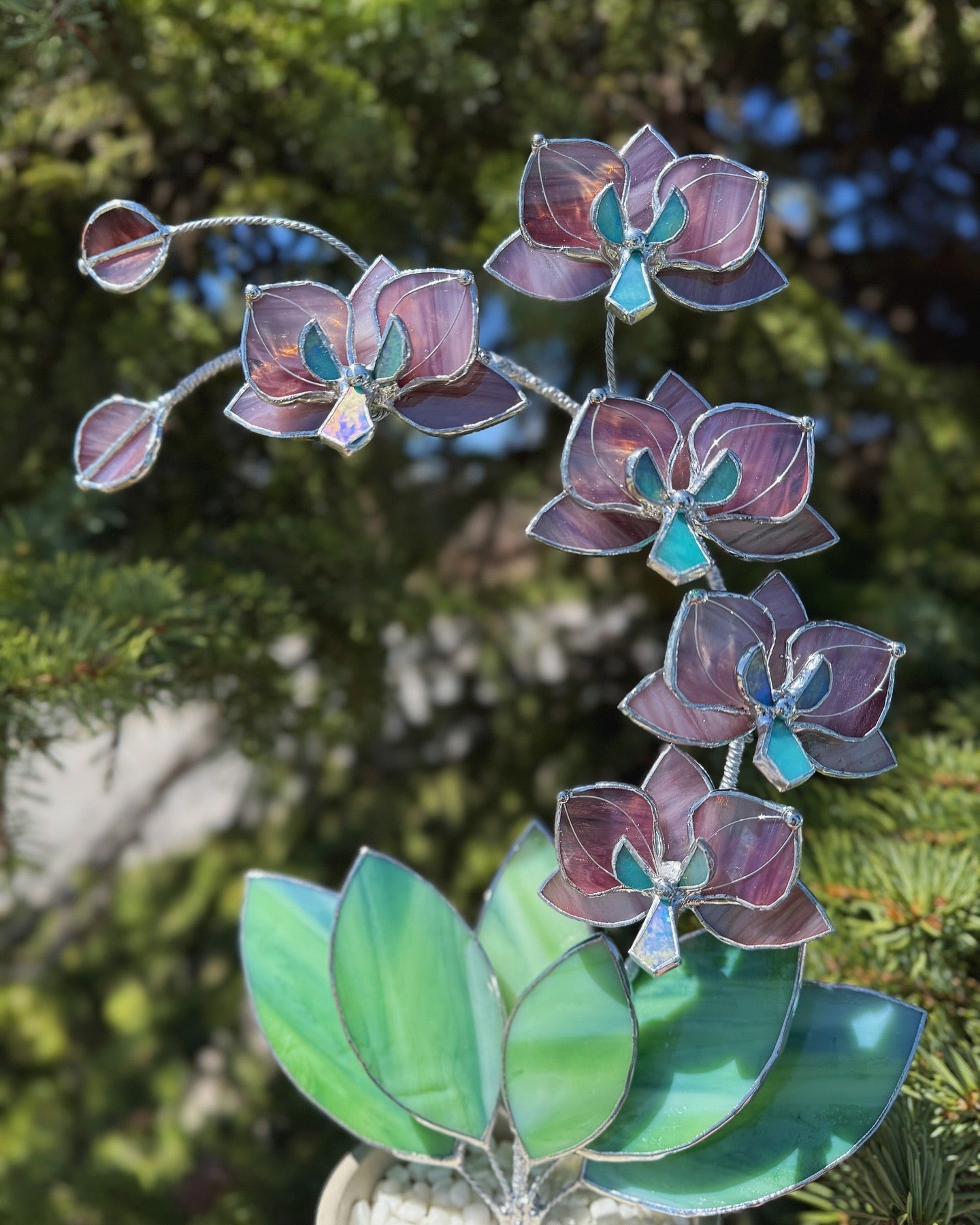 " . Dusty Rose translucent Orchid 5 flowers with pot" Stained glass tropical flower 3D, Sun catcher, Table plant, Garden stick, wedding decor, Christmas gift