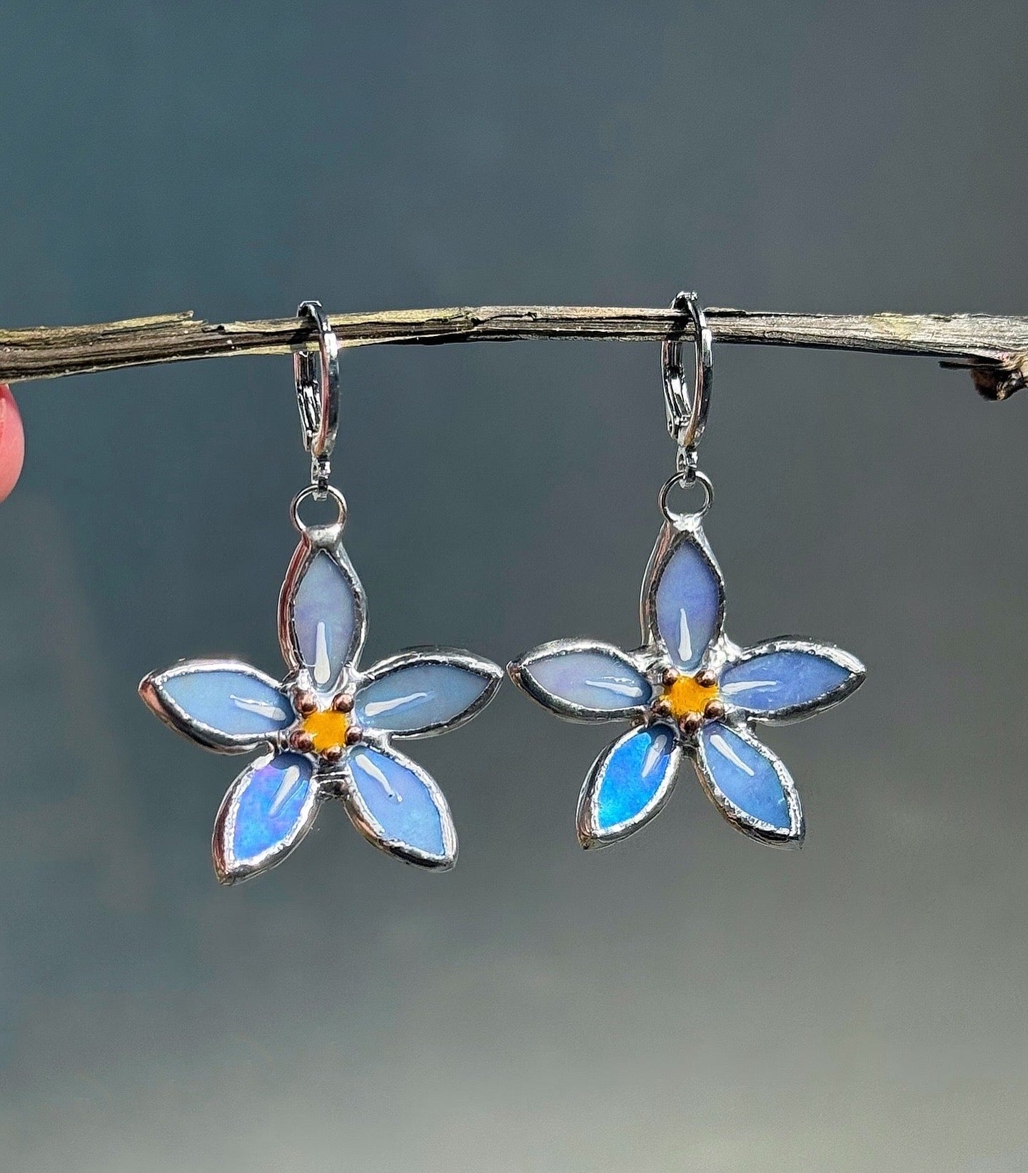 Forget Me Not Earrings Sky Blue Iridescent Handcrafted Stained glass Botanical Art Jewelry