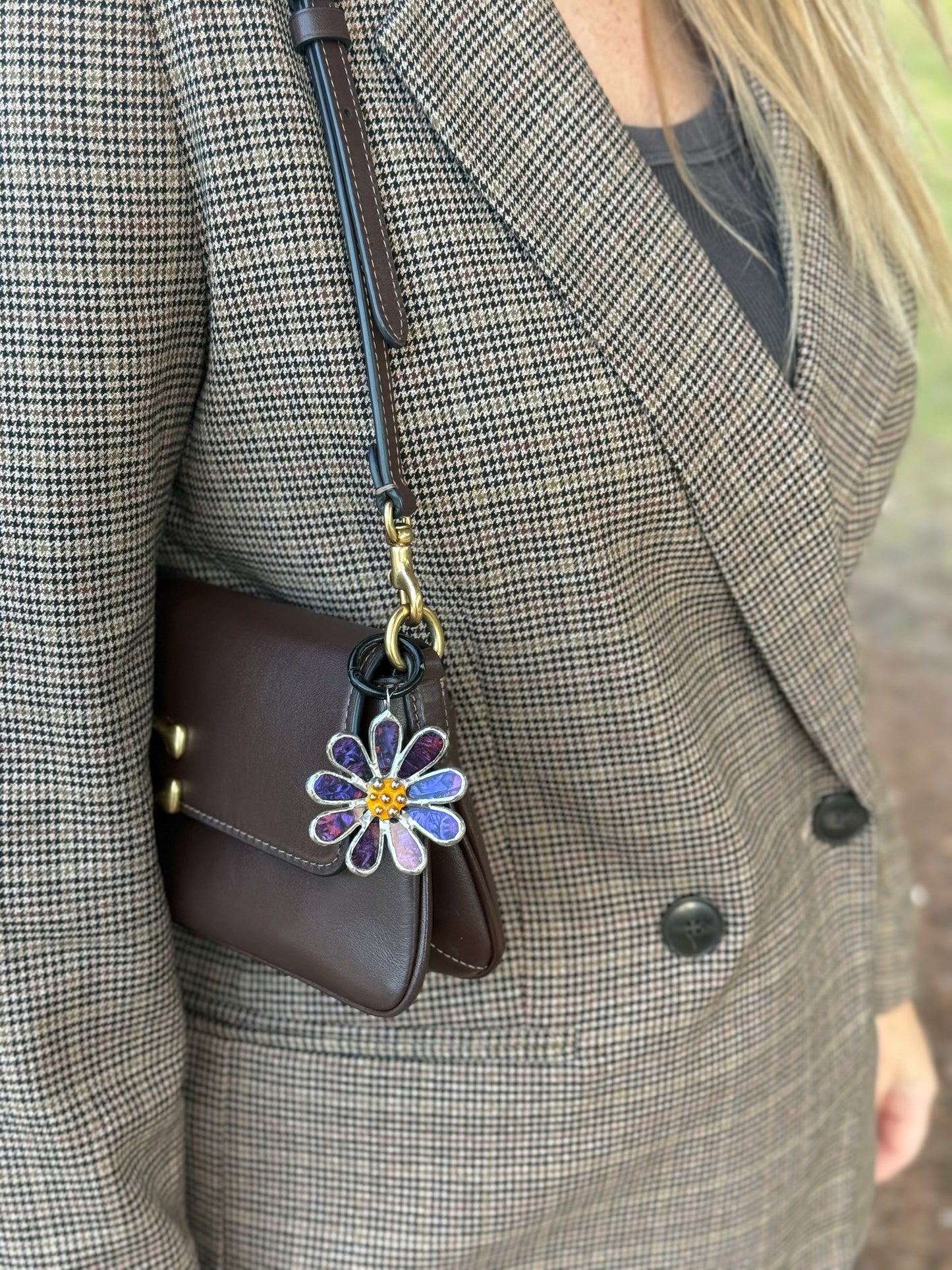 Daisy Purple & Pink Stained Glass Bag Charm Handmade Lead Free Accessories