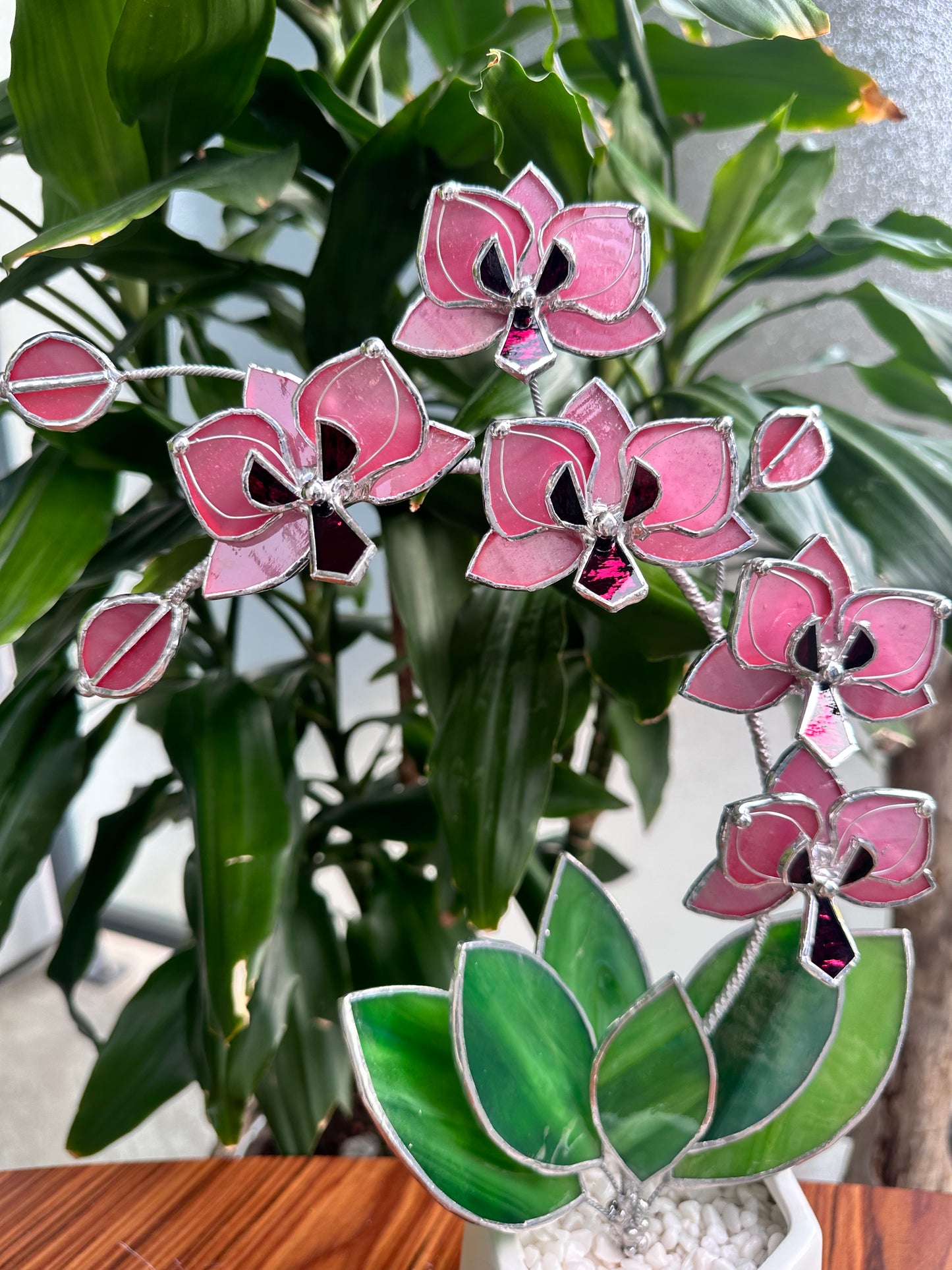 " .Baby Pink Orchid 5 flowers with pot" Stained glass tropical flower 3D, Sun catcher, Table plant, Garden stick, wedding decor, Christmas gift