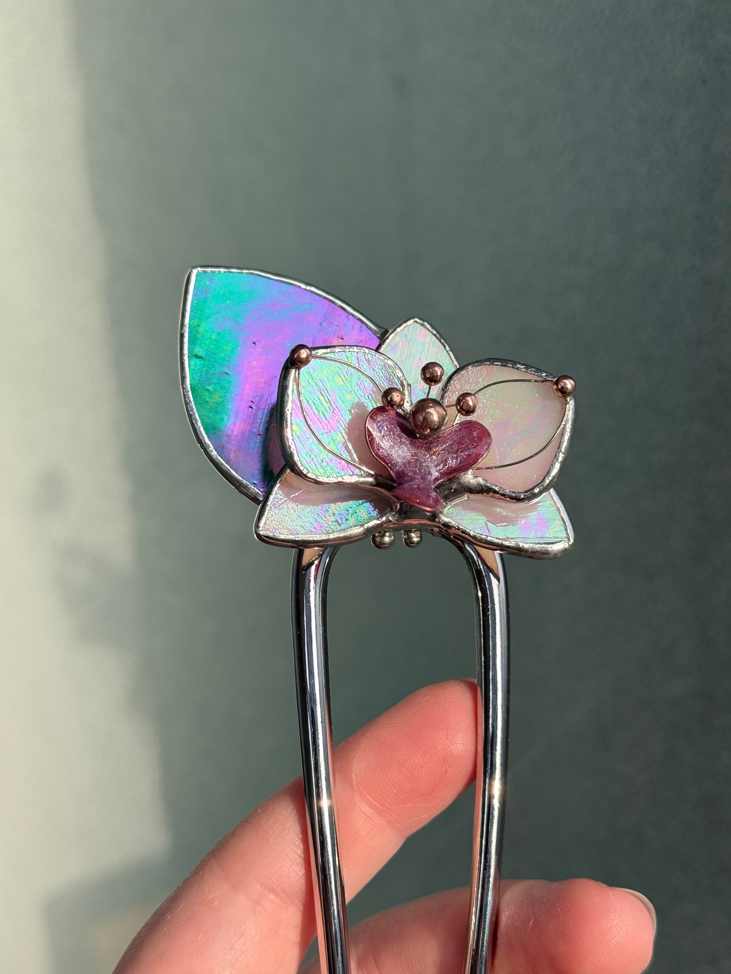 Hair Pin Stained Glass Orchid Flower CHOOSE COLOR Handmade Floral Accessories