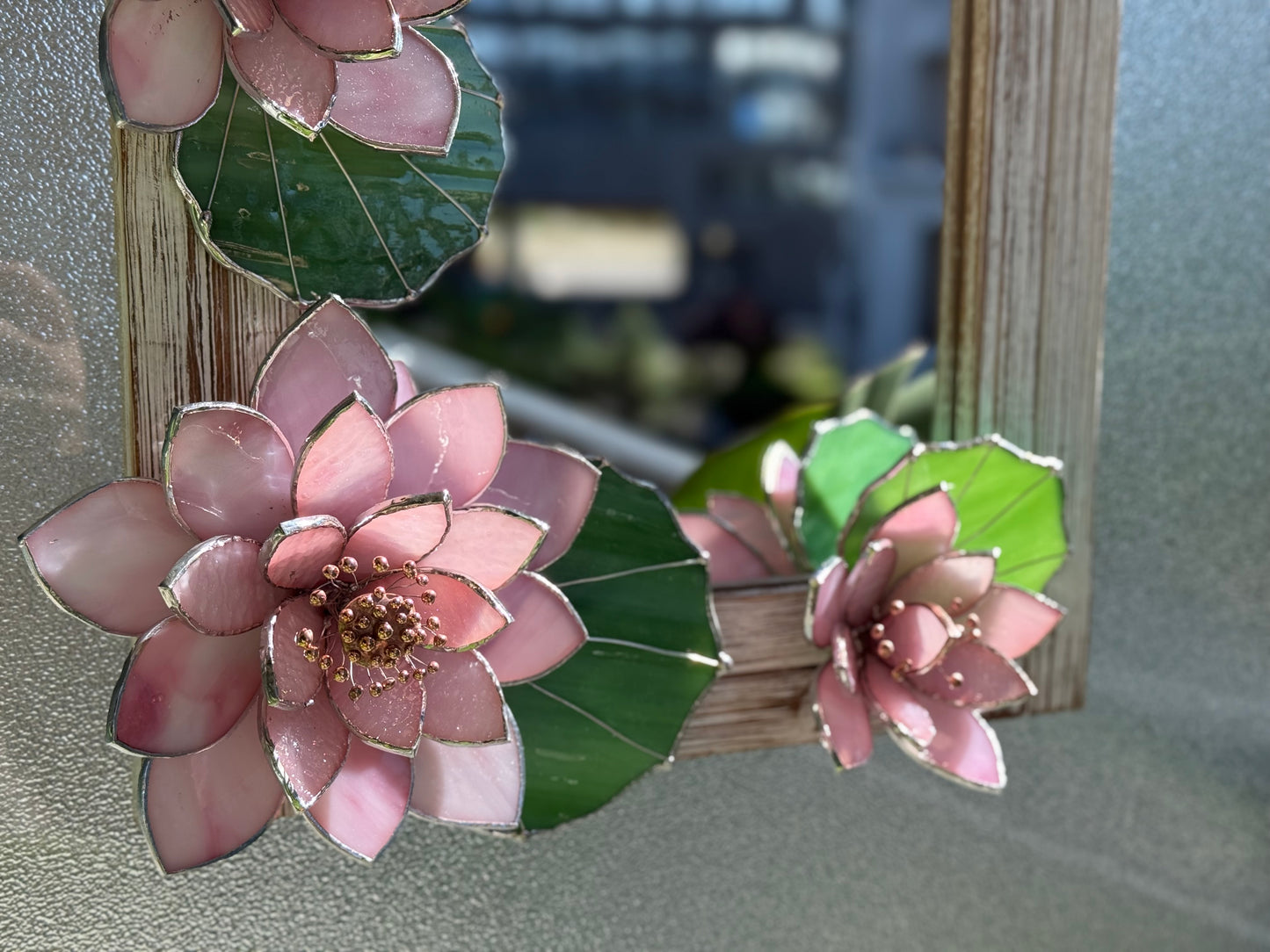 .Beautiful Lotus Stained glass Wall Mirror, 3D Botanical Floral Art ready