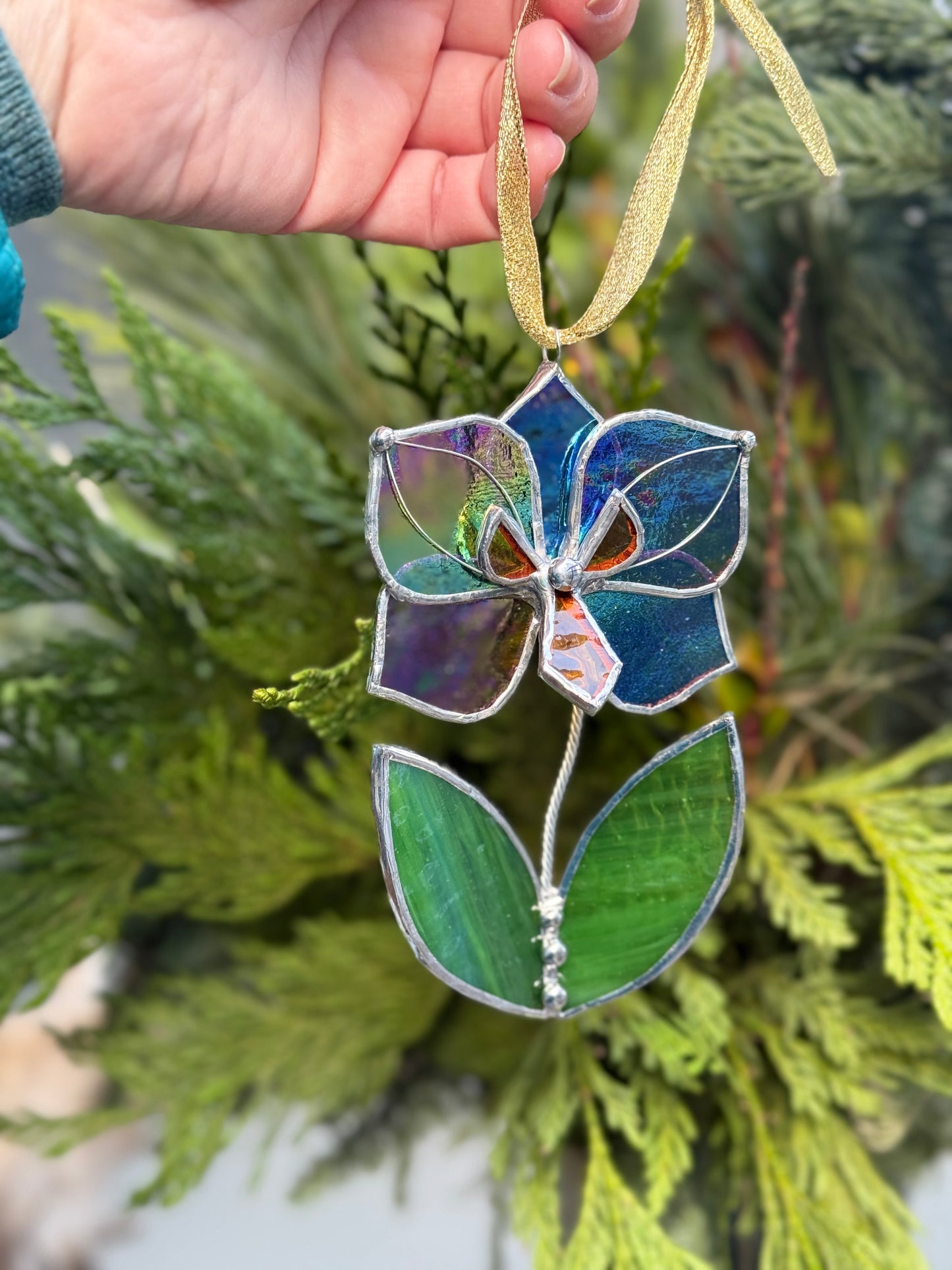 " . Butterfly Orchid flower with leaves Plum transparent irid, Stained glass Decorative ORNAMENT, Christmas decoration, Suncatcher